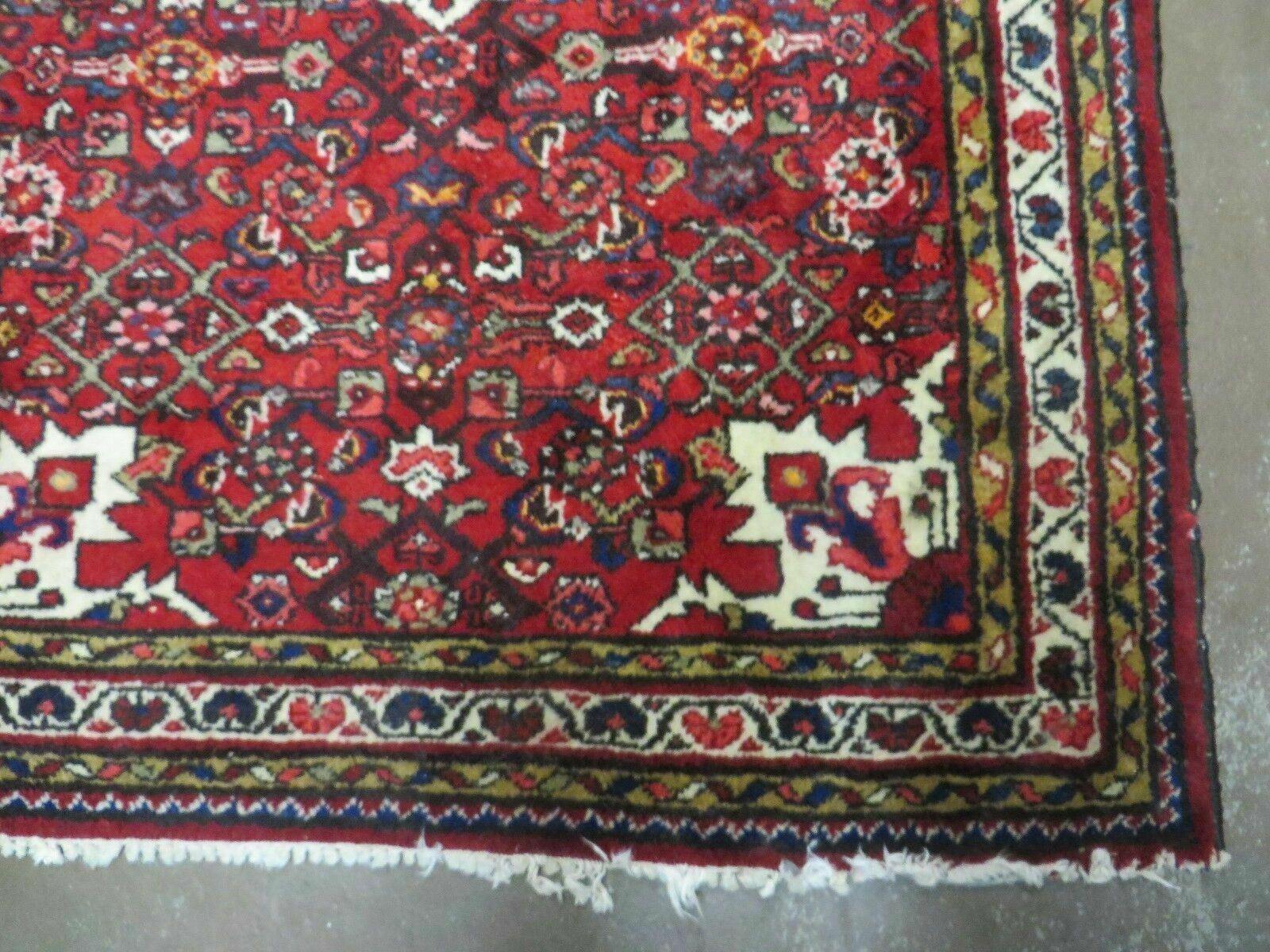 Semi Antique Persian Hamadan Rug 4x6, Vintage Handmade Hand Knotted Wool Oriental Carpet, Tribal Medallion, Vegetable Dyes, Red Ivory - Jewel Rugs