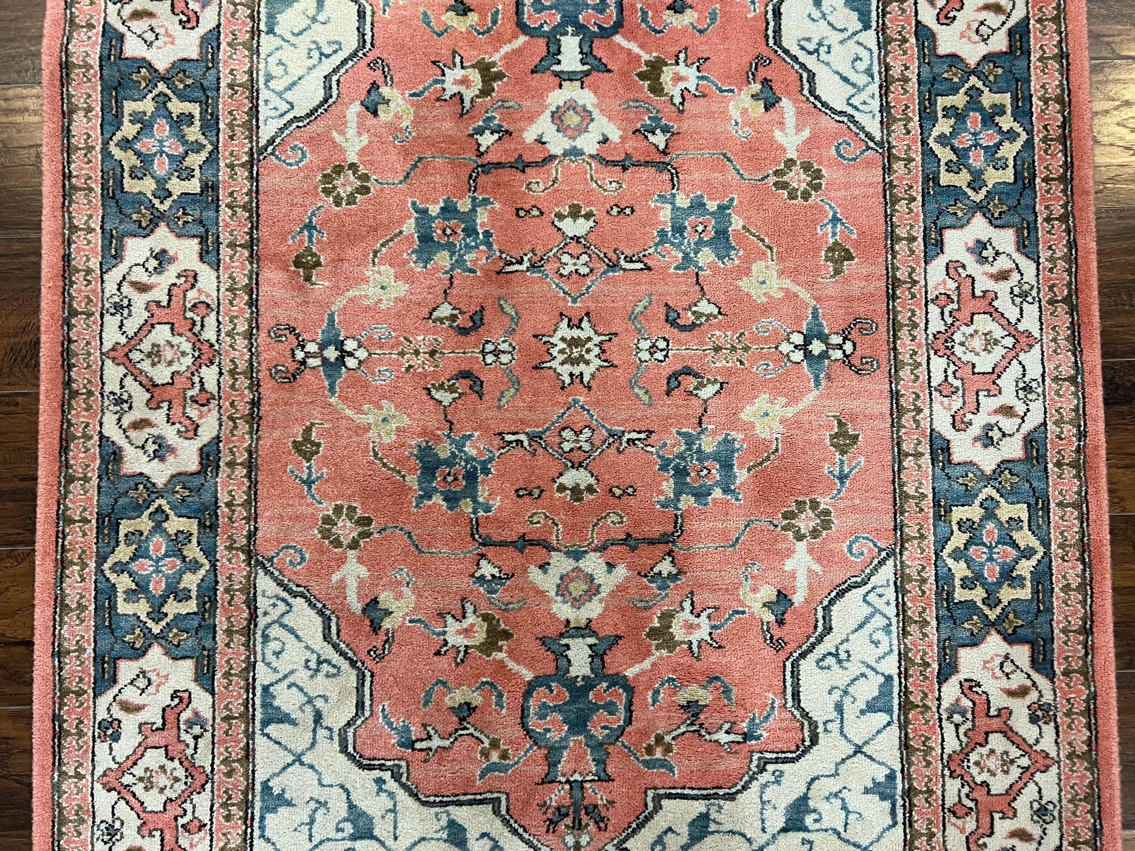 Karastan Rug 4x6 Bergama Design #737, Karastan Area Rug, Vintage Wool Karastan Carpet, Original Collection 700 Series, Salmon Red Light Blue - Jewel Rugs