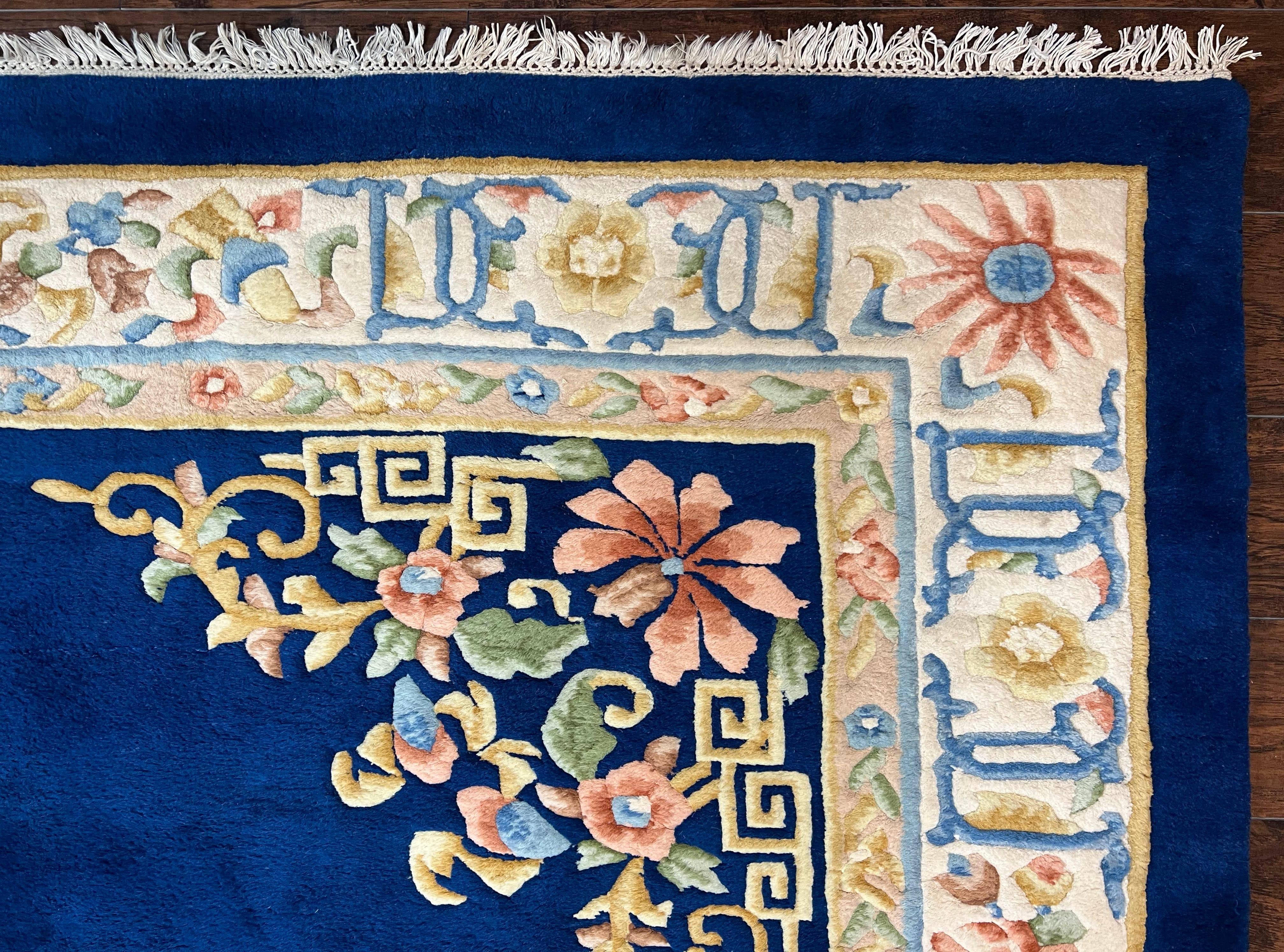 Indo Chinese Wool Rug 10x14, Navy Blue and Beige Hand Knotted Large Asian Oriental Carpet 10 x 14, Handmade Art Deco Vintage Floral Rug - Jewel Rugs