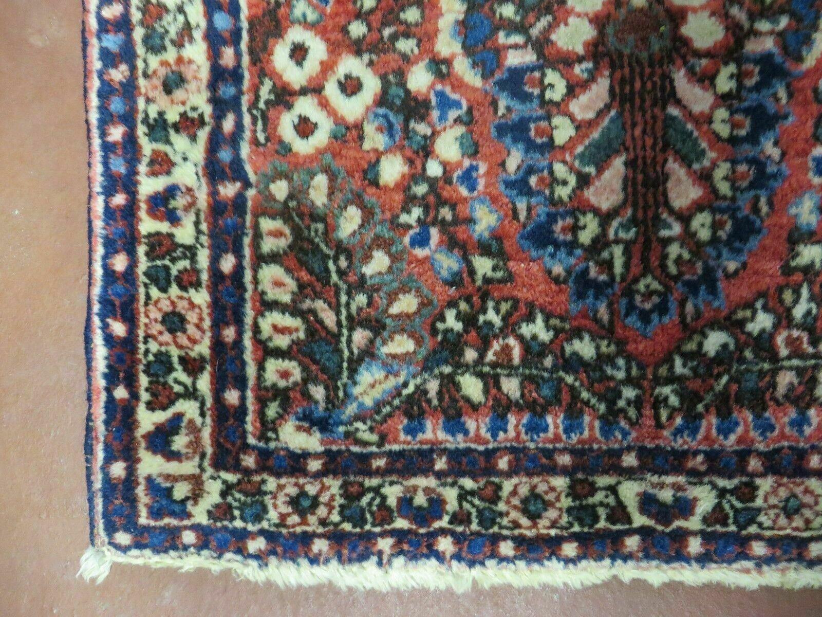 Small Persian Rug 2 x 2.6 Tiny Persian Sarouk Carpet, Red Blue Cream, Floral Design, Antique Wool Rug, Handmade Hand-Knotted, Oriental Rug Mat 2x3 - Jewel Rugs