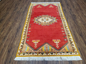 Vintage Moroccan Area Rug, Bright Red Hand-Knotted Wool Carpet, Medallion Area Rug, 4x6 Carpet, Office Room Rug, 3'4" x 6'4" - Jewel Rugs