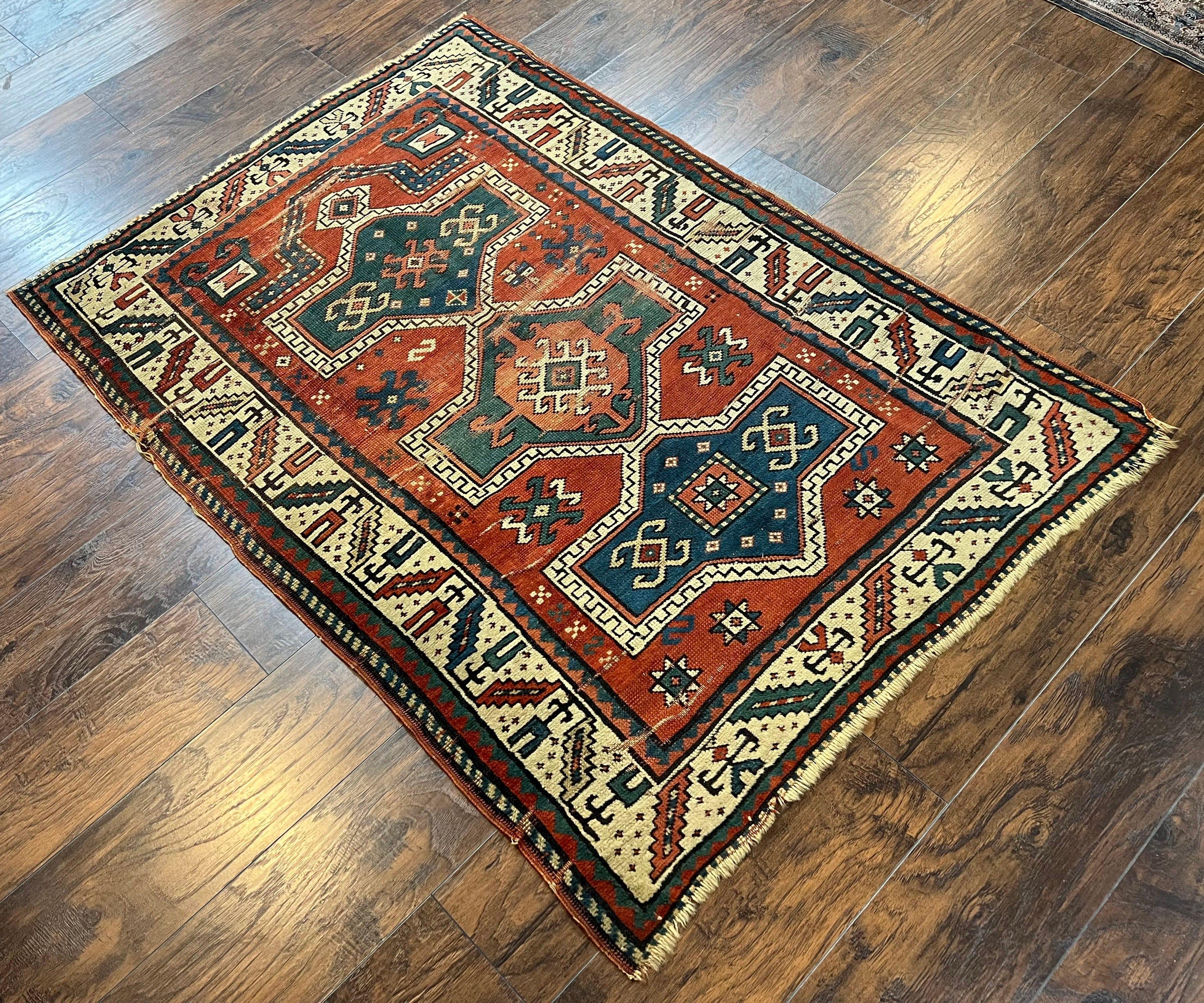 Antique Caucasian Rug 4x5, Geometric Kazak Rug circa 1920s, Hand Knotted Wool Oriental Carpet, Rust Red-Orange and Cream, Collectible Rug - Jewel Rugs