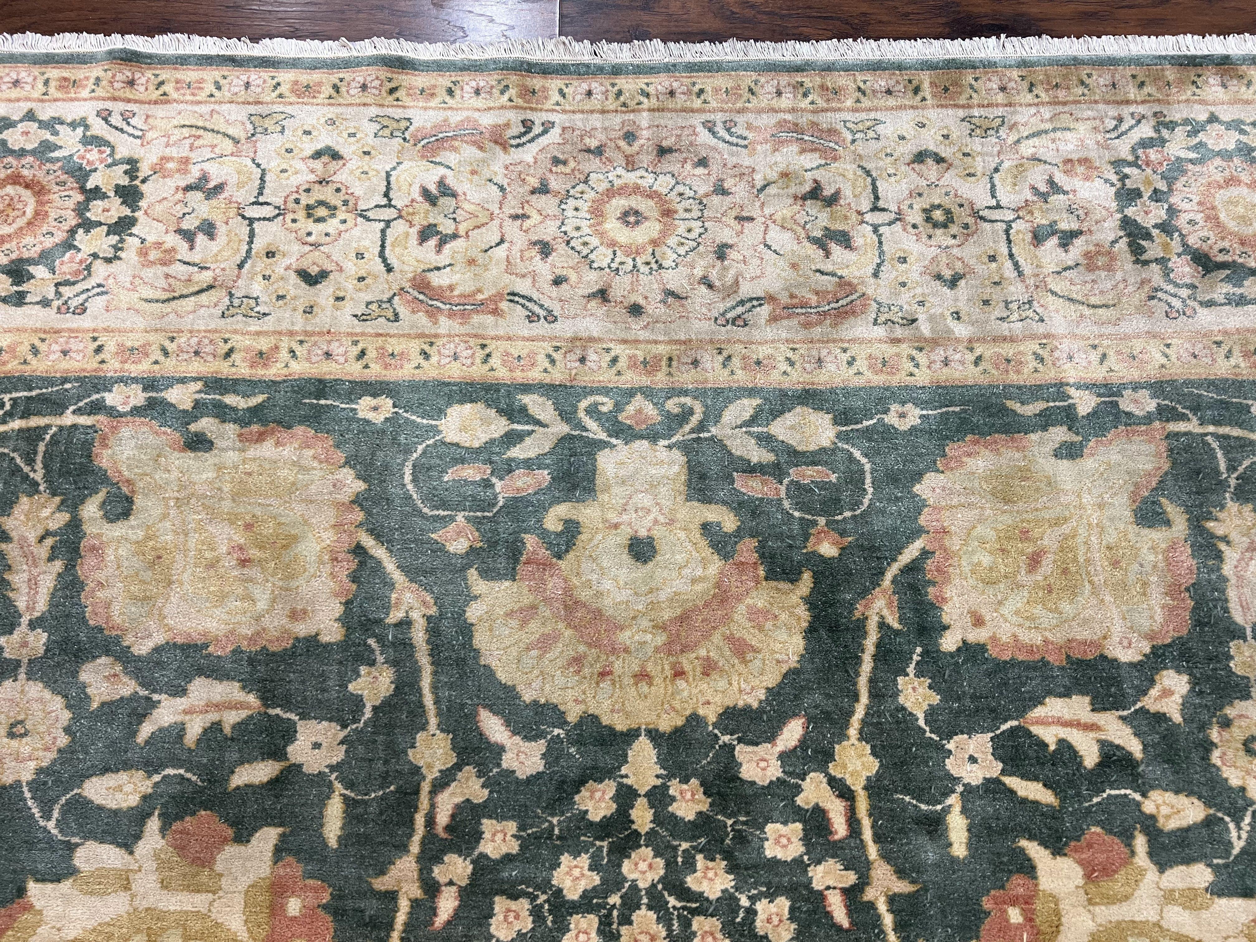 Egyptian Mahal Rug 10x14, Large Vintage Floral Hand Knotted Wool Carpet 10 x 14, Dark Green and Beige Traditional Handmade Persian Area Rug - Jewel Rugs