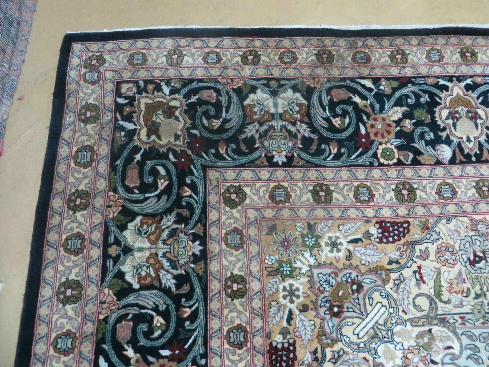 Beautiful Sino Persian Rug 9x12, Elegant High Quality Handmade Wool Oriental Carpet, Medallion with Corner Design, Floral, Black and Ivory - Jewel Rugs