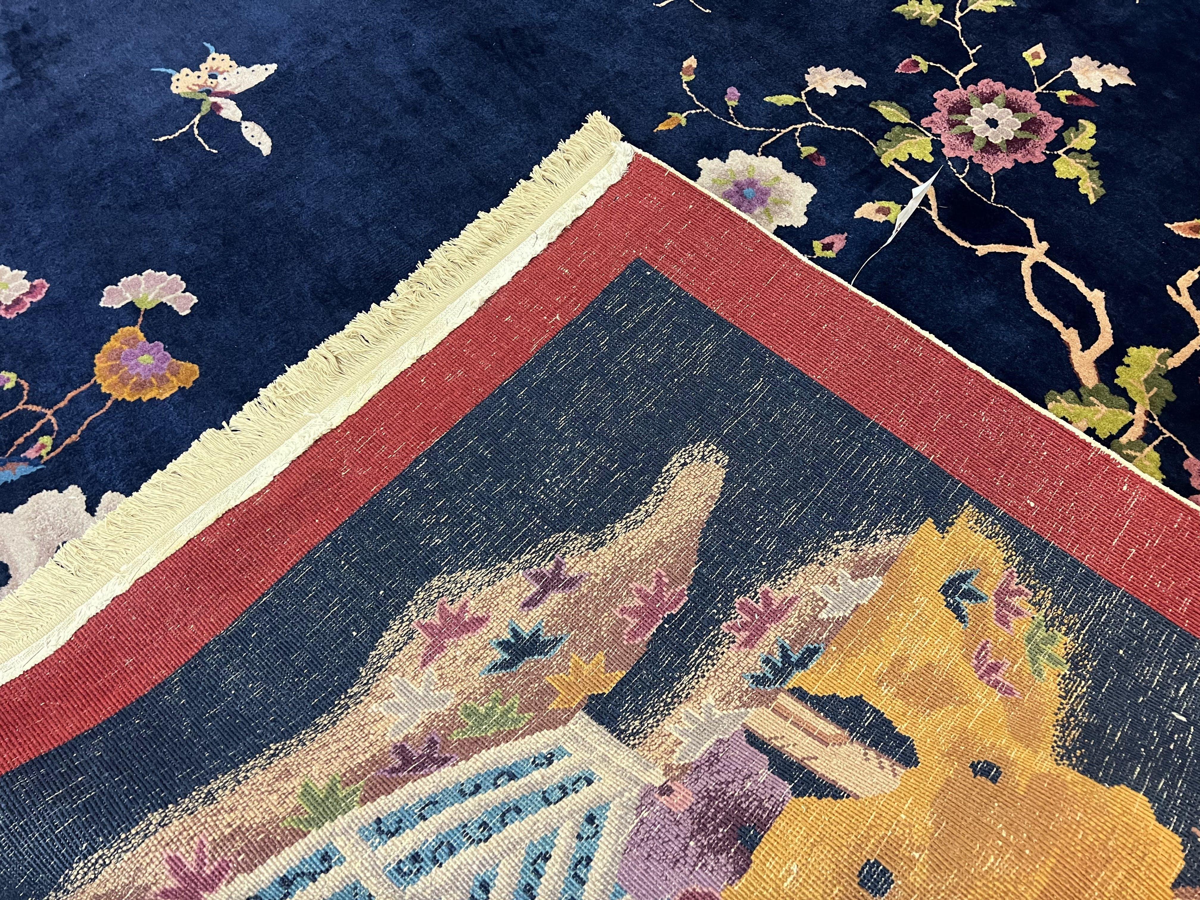 Chinese Art Deco Rug 8x10, Nichols Rug, Navy Blue and Red, Handmade Wool Carpet 8 x 10, Semi Antique Vintage Asian Oriental Rug, Butterflies - Jewel Rugs