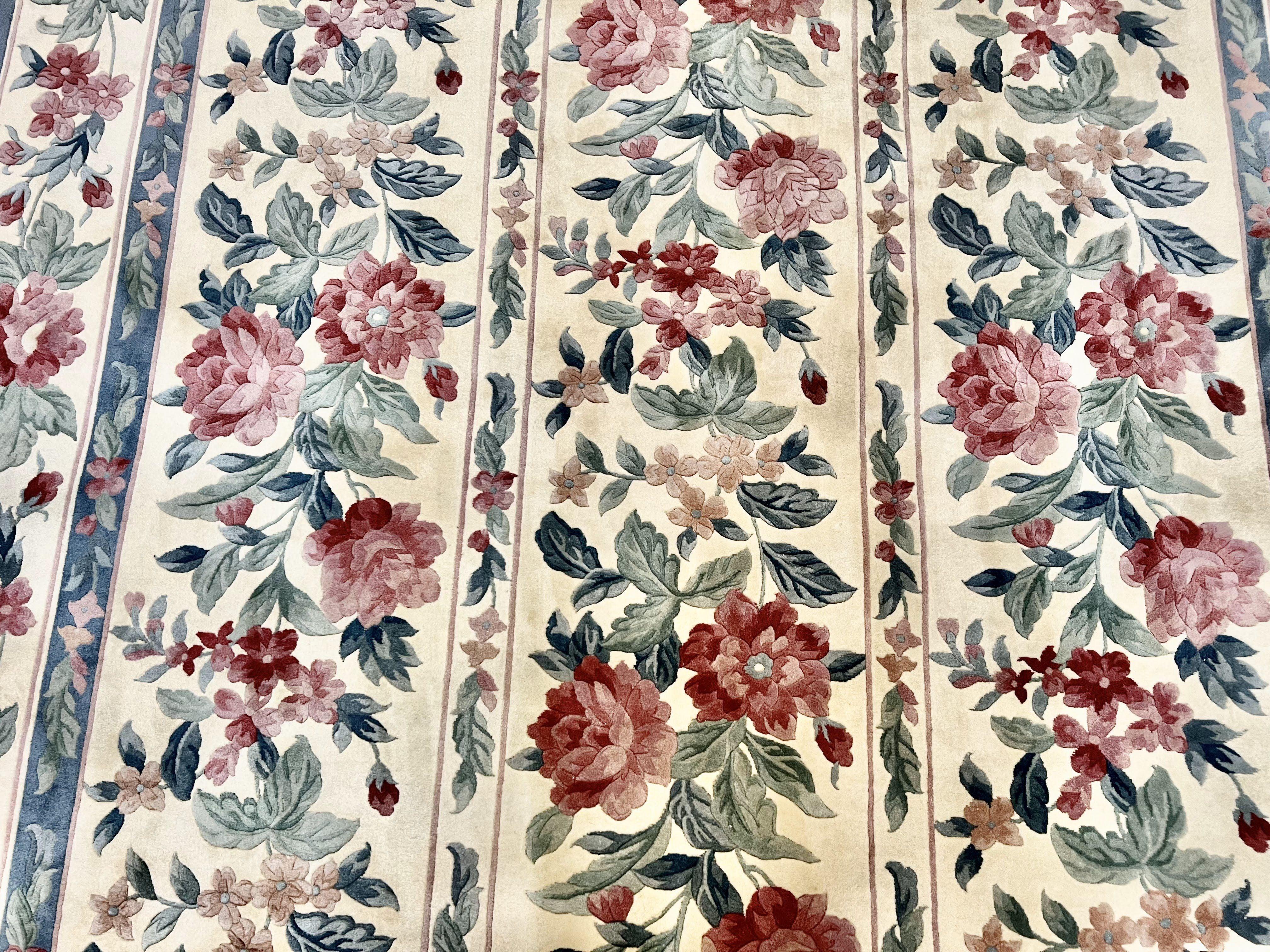 Chinese Wool Rug 8x11, Vintage 1960s Carpet, Cream and Teal, Floral Garden Panel, 8 x 11 ft Area Rug, Soft Handmade Room Sized 120 Line Rug - Jewel Rugs