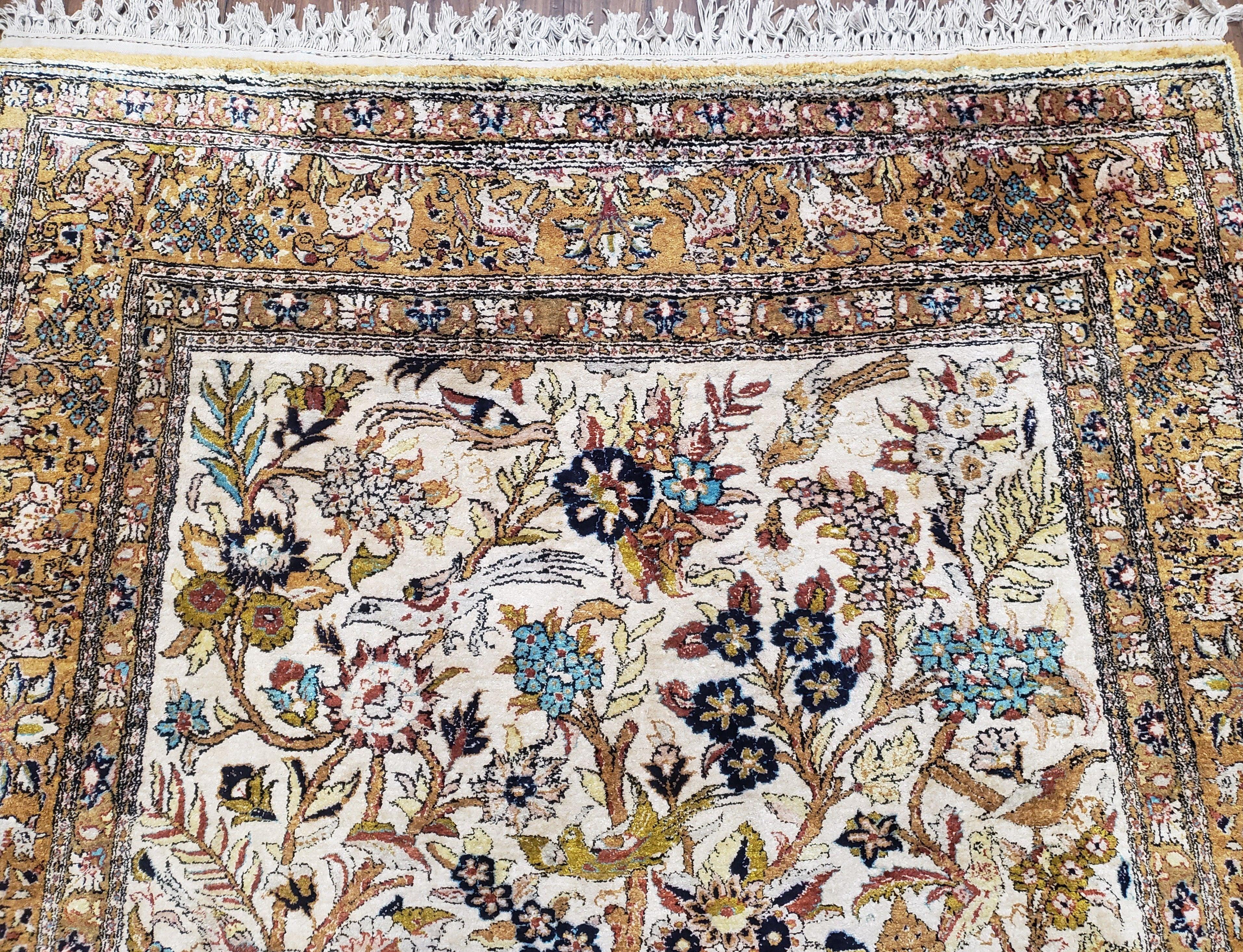 Persian Qum Silk Rug 5x7, Tree of Life Persian Silk Carpet with Animal Pictorials, Birds Deer, Hand Knotted 1950s Fine Rug Cream Gold - Jewel Rugs