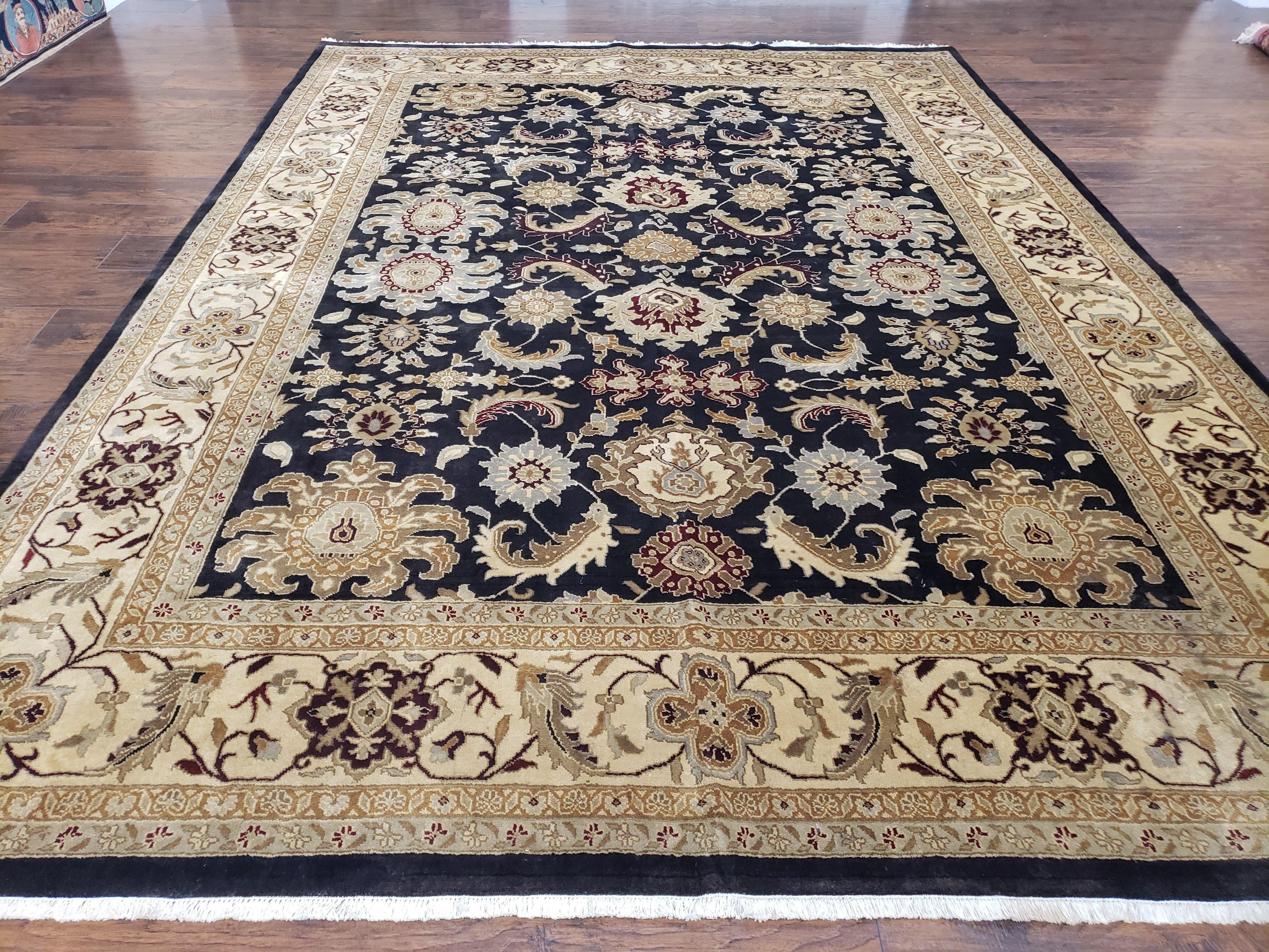 Indo Mahal Rug 8x12, Indian Sultanabad Handmade Area Rug, Vintage Hand-Knotted Wool Black Floral Traditional Oriental Dinning Room Rug - Jewel Rugs