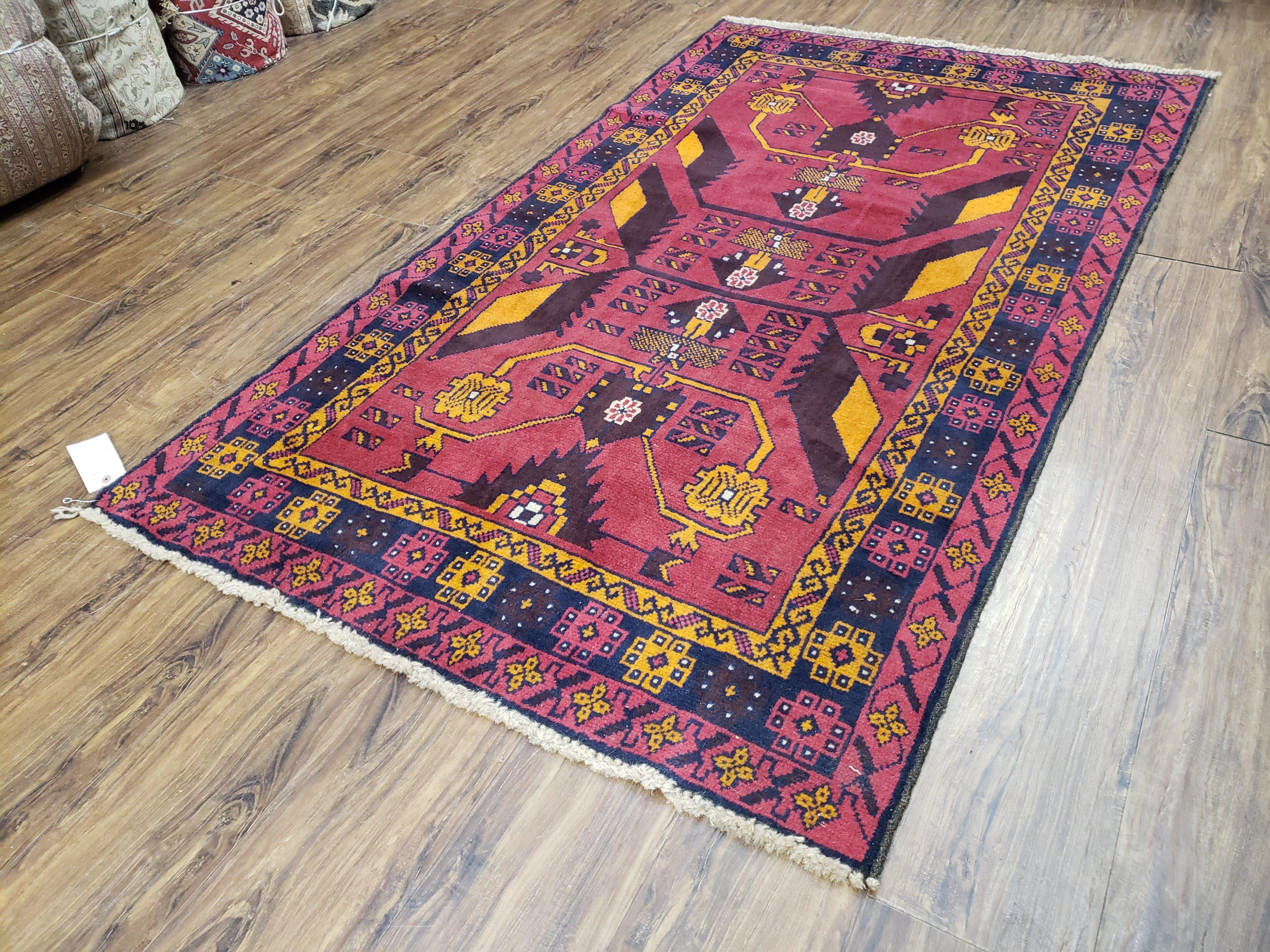 Vintage Balouchi Rug 3.8 x 6.4 ft, Small Baluch Carpet, Hand-Knotted Vivid Colors, Wool Nomadic Tribal Rug, Bohomenian Area Rug, Red Blue - Jewel Rugs