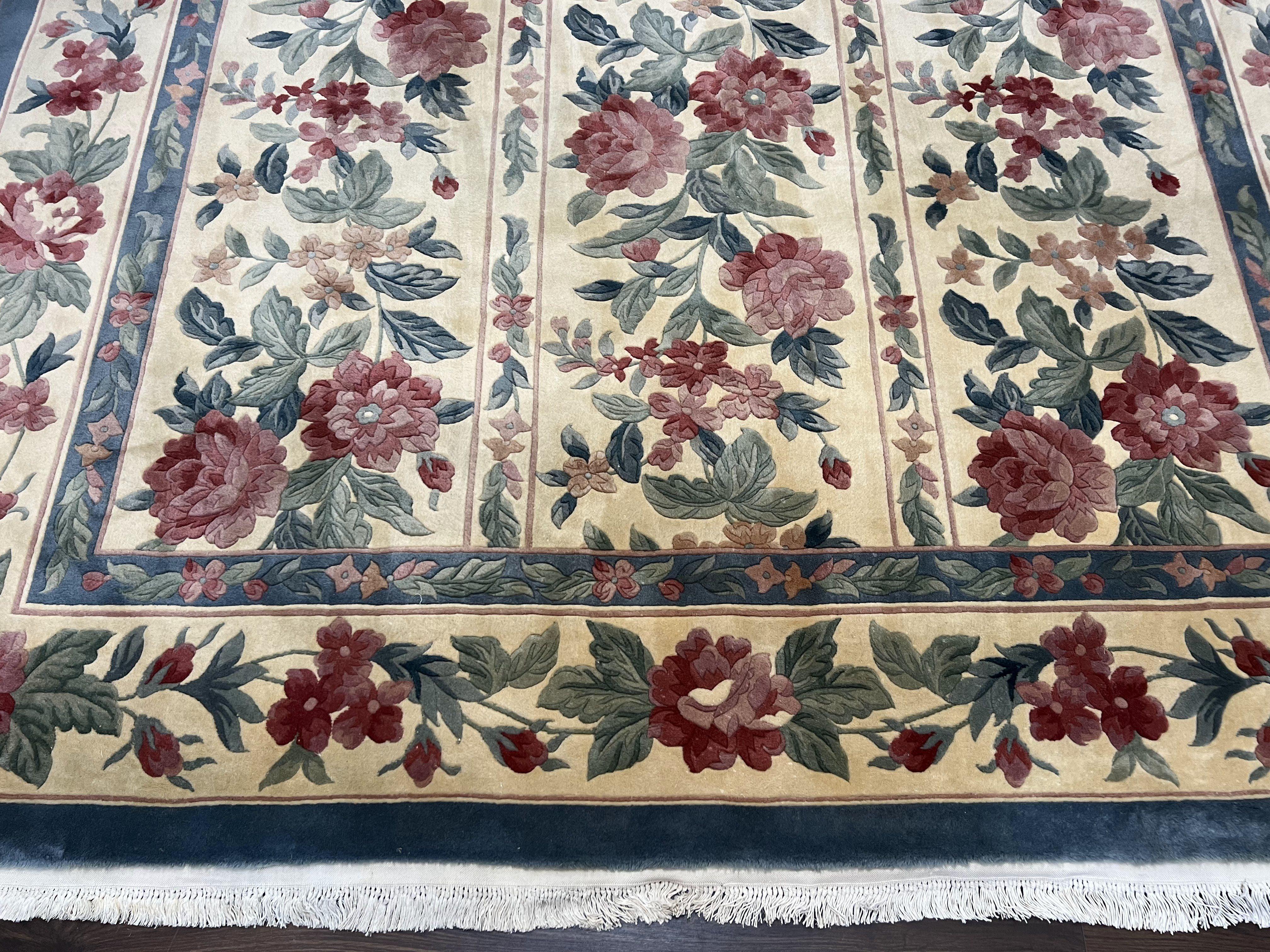 Chinese Wool Rug 8x11, Vintage 1960s Carpet, Cream and Teal, Floral Garden Panel, 8 x 11 ft Area Rug, Soft Handmade Room Sized 120 Line Rug - Jewel Rugs
