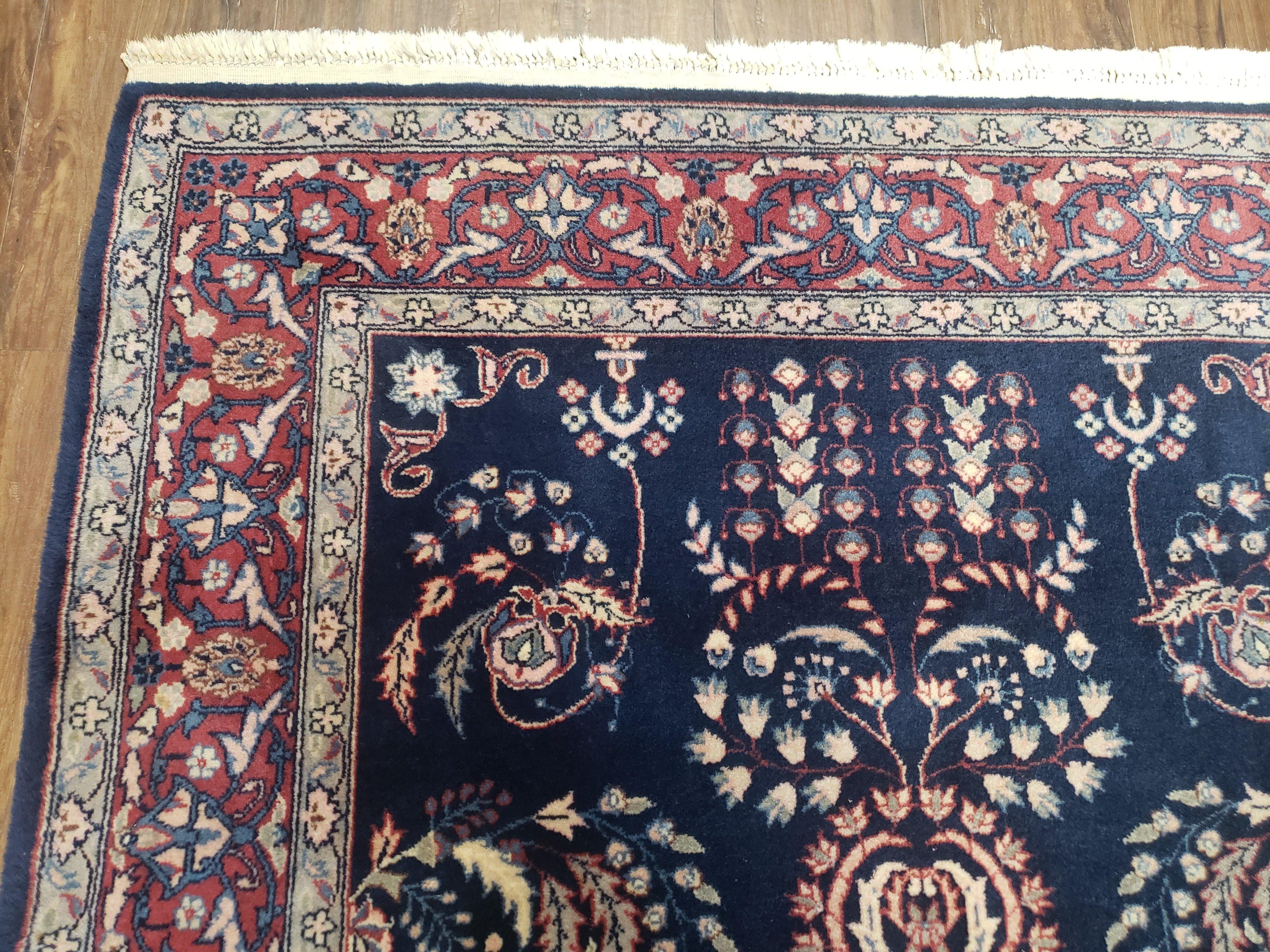 Dark Blue Indo Persian Rug 4x6, Medium Size Hand Knotted Oriental Carpet, Traditional Floral Indian Rug, Blue and Red Entryway Rug, Wool Rug - Jewel Rugs