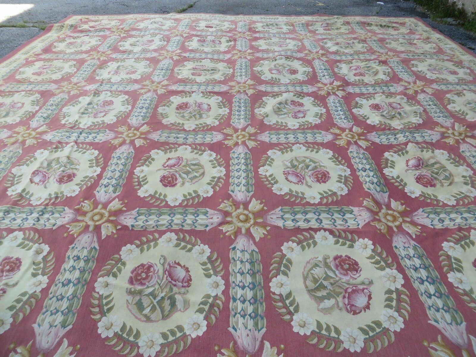Palace Sized Aubusson Rug 13 x 20 ft, Oversized Handwoven Handmade Panel Design French Aubusson Carpet, Extra Large Wool Flatweave Rose Color - Jewel Rugs