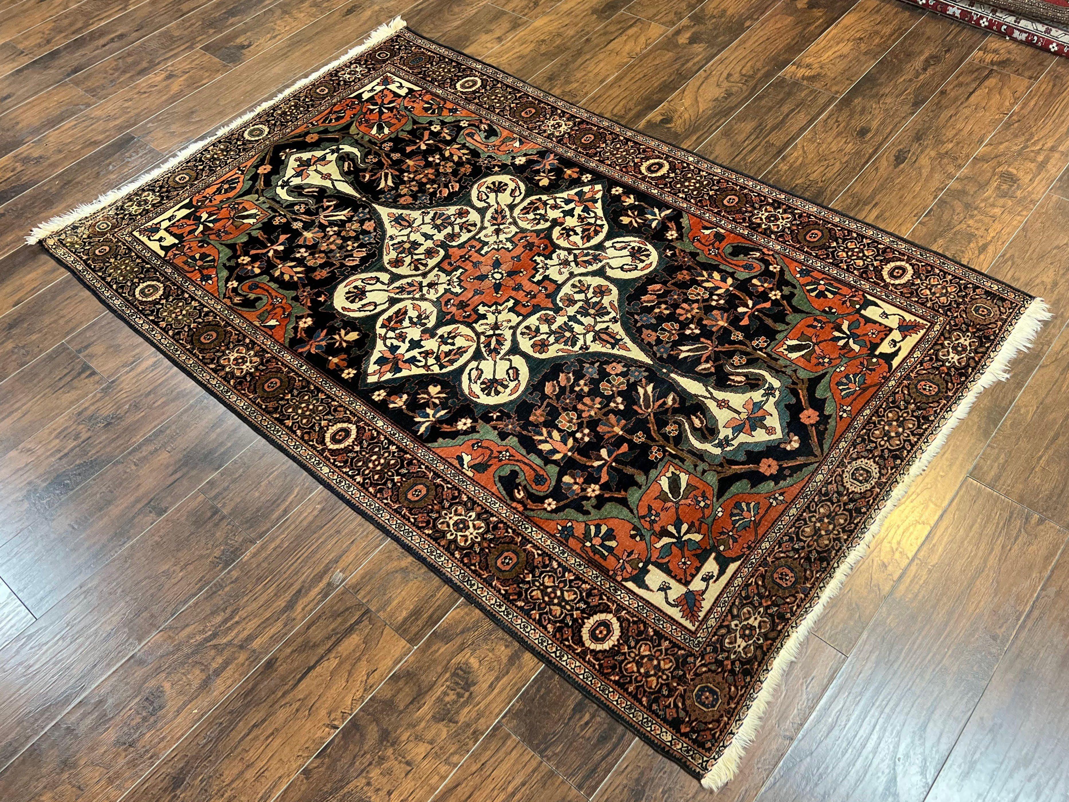 Antique Persian Sarouk Rug 4x7, Sarouk Farahan Carpet, 1880s Antique Oriental Rug, Late 19th Century, Handmade, Medallion, Cream Navy Red - Jewel Rugs