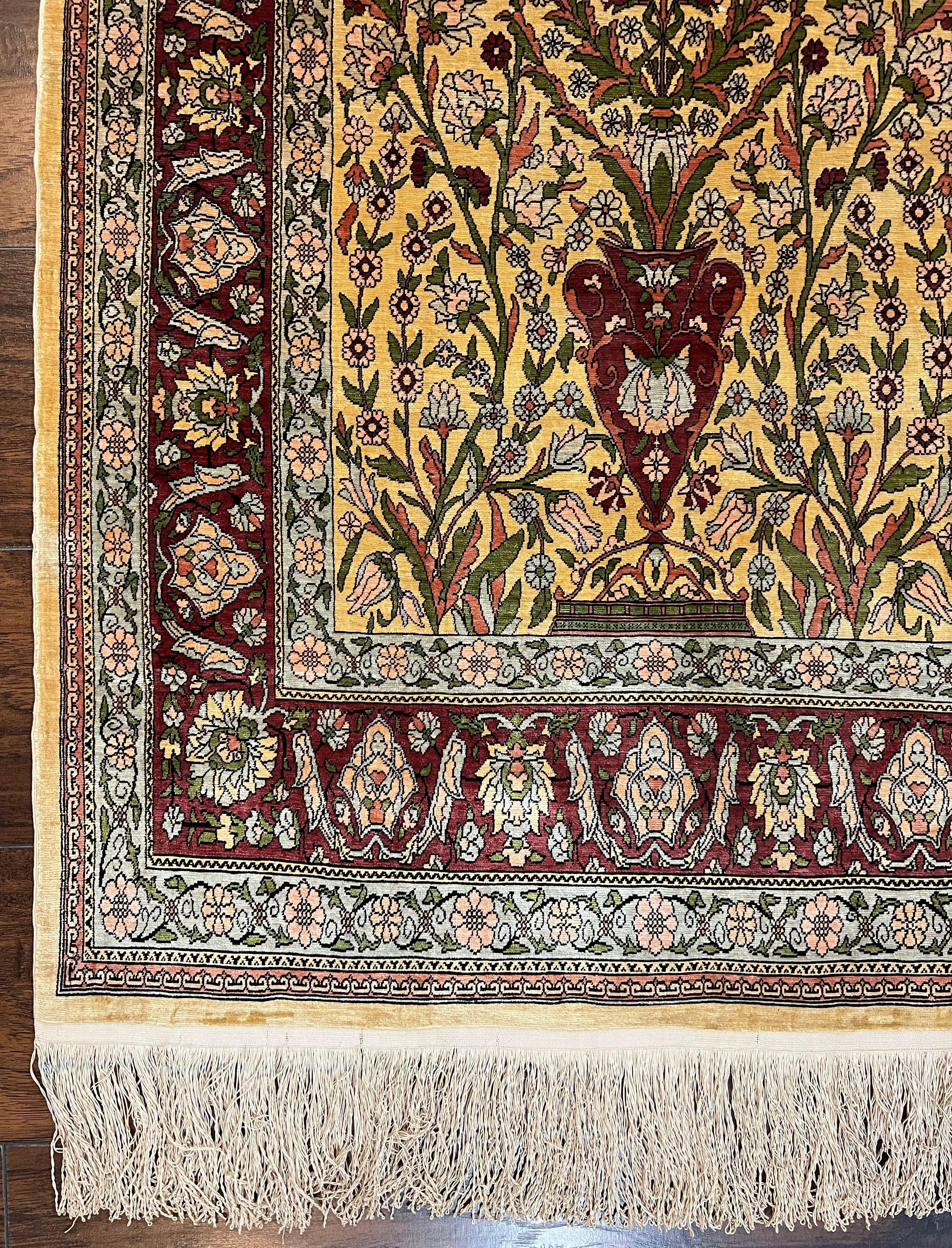 Wonderful Silk Turkish Hereke Prayer Rug 2.8 x 4.5, Tree of Life Design, Signature from Master Weaver, Gold and Burgundy, Handmade, 625 KPSI - Jewel Rugs