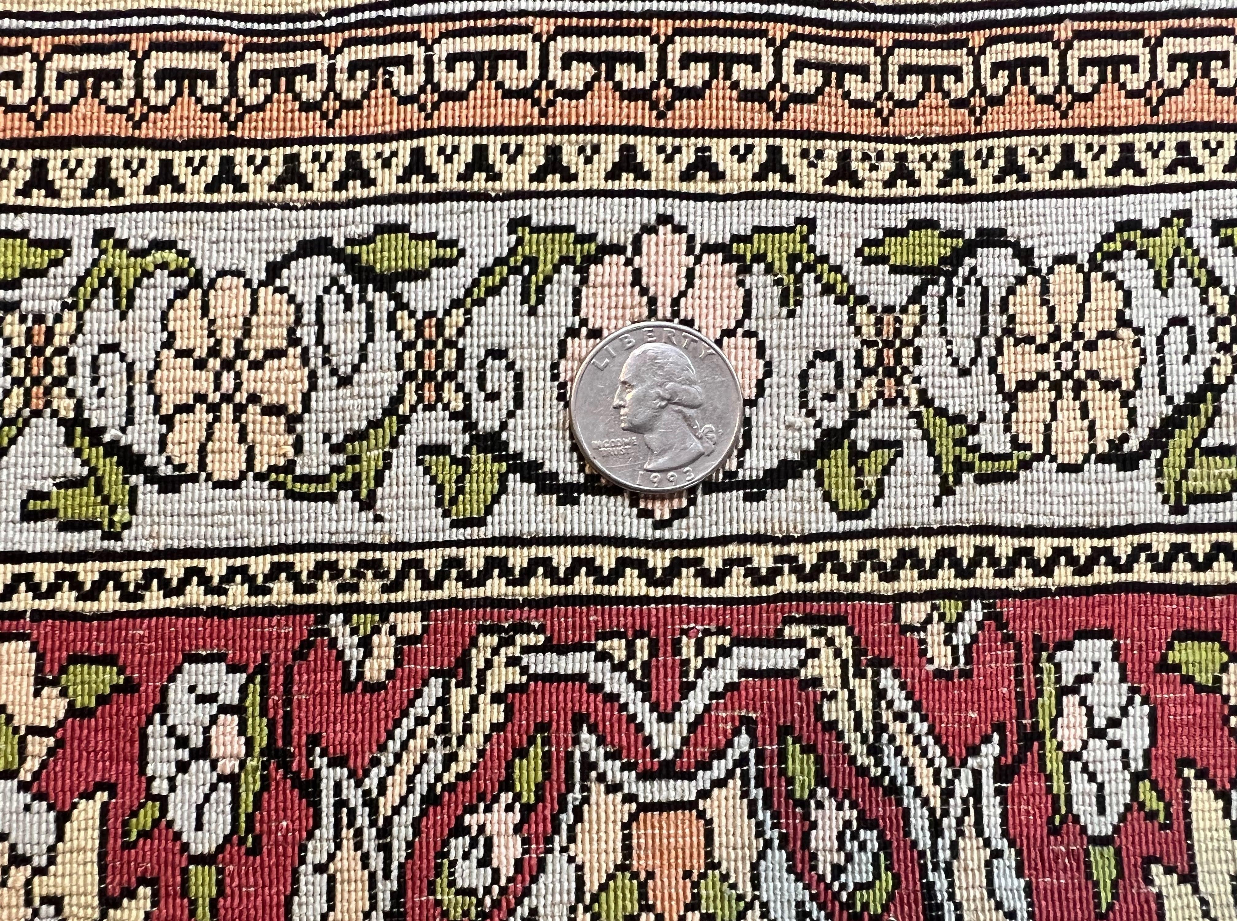 Wonderful Silk Turkish Hereke Prayer Rug 2.8 x 4.5, Tree of Life Design, Signature from Master Weaver, Gold and Burgundy, Handmade, 625 KPSI - Jewel Rugs