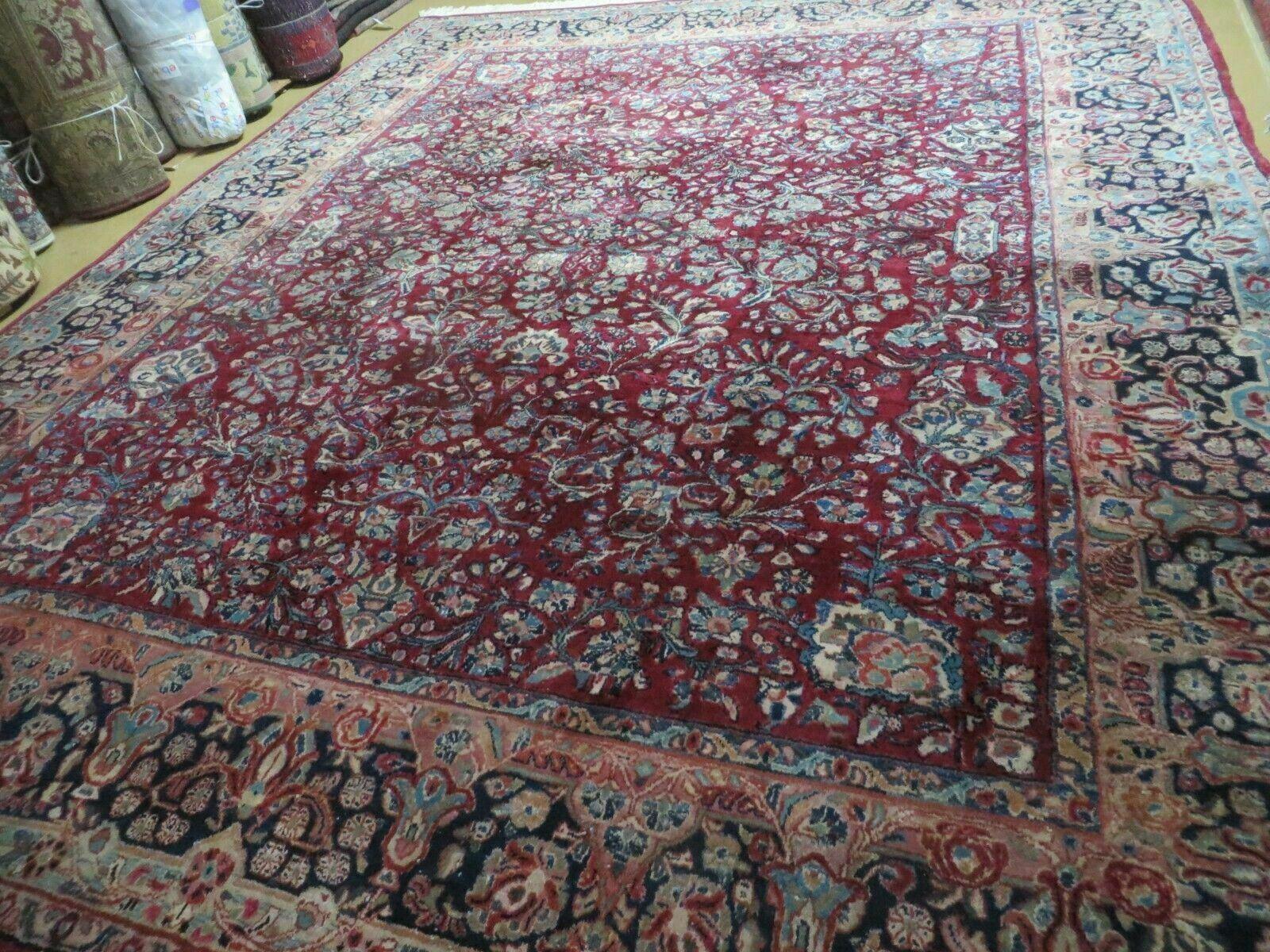 Antique Persian Sarouk Rug 9x11 Red Navy Blue Oriental Carpet, Allover Floral Pattern, Hand Knotted, Wool, Room Sized 9 x 11 ft - Jewel Rugs