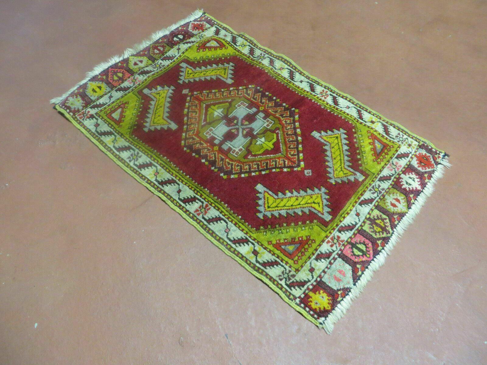 Antique Turkish Yastik Rug 2x3, Handmade Wool Oushak Small Oriental Carpet Red - Jewel Rugs