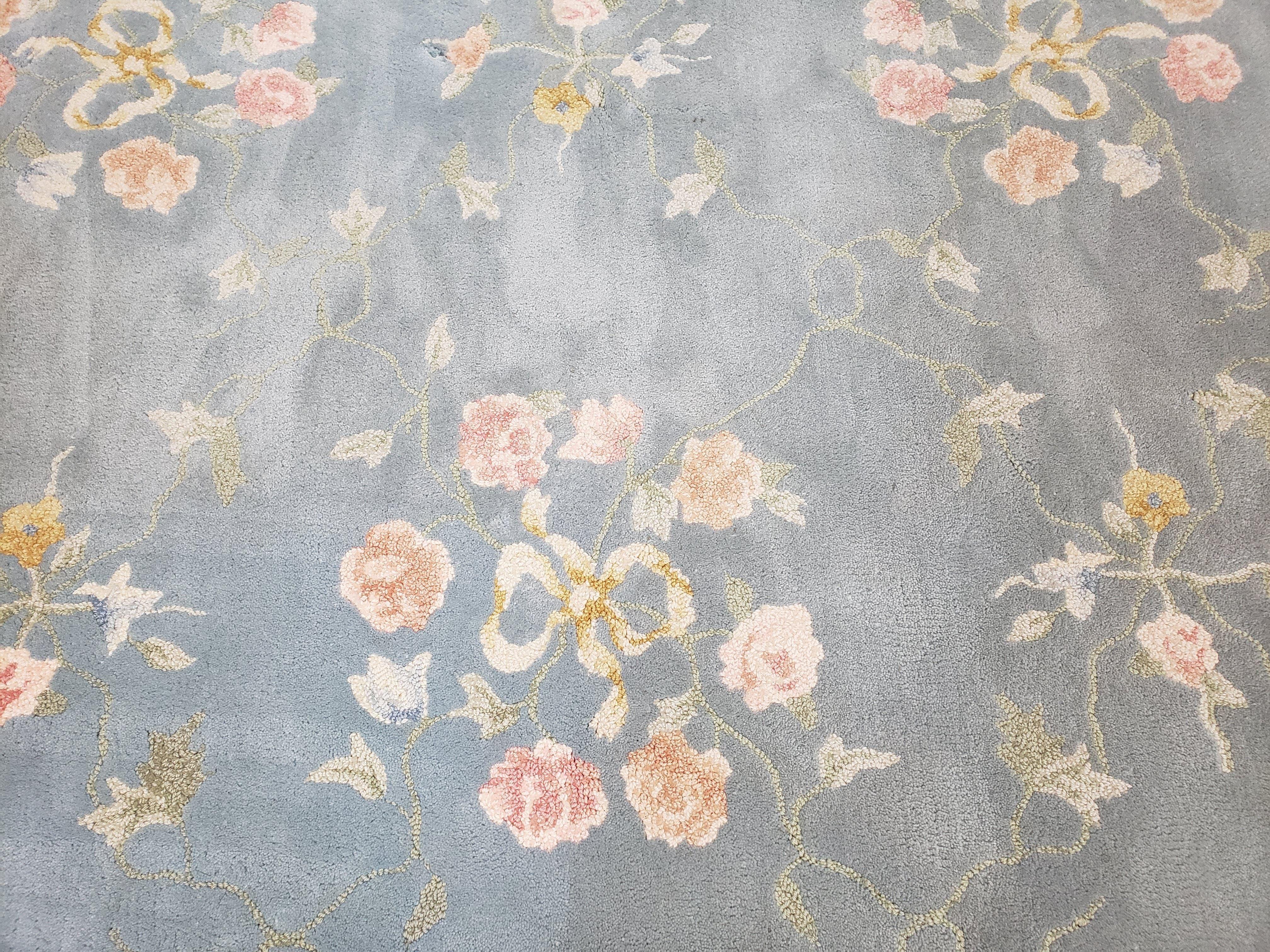 Vintage Edward Fields Room Size Area Rug 10x15, Wool Hand Tufted Light Blue Cream Floral American Carpet, 10 x 15 Large Living Room Rug - Jewel Rugs