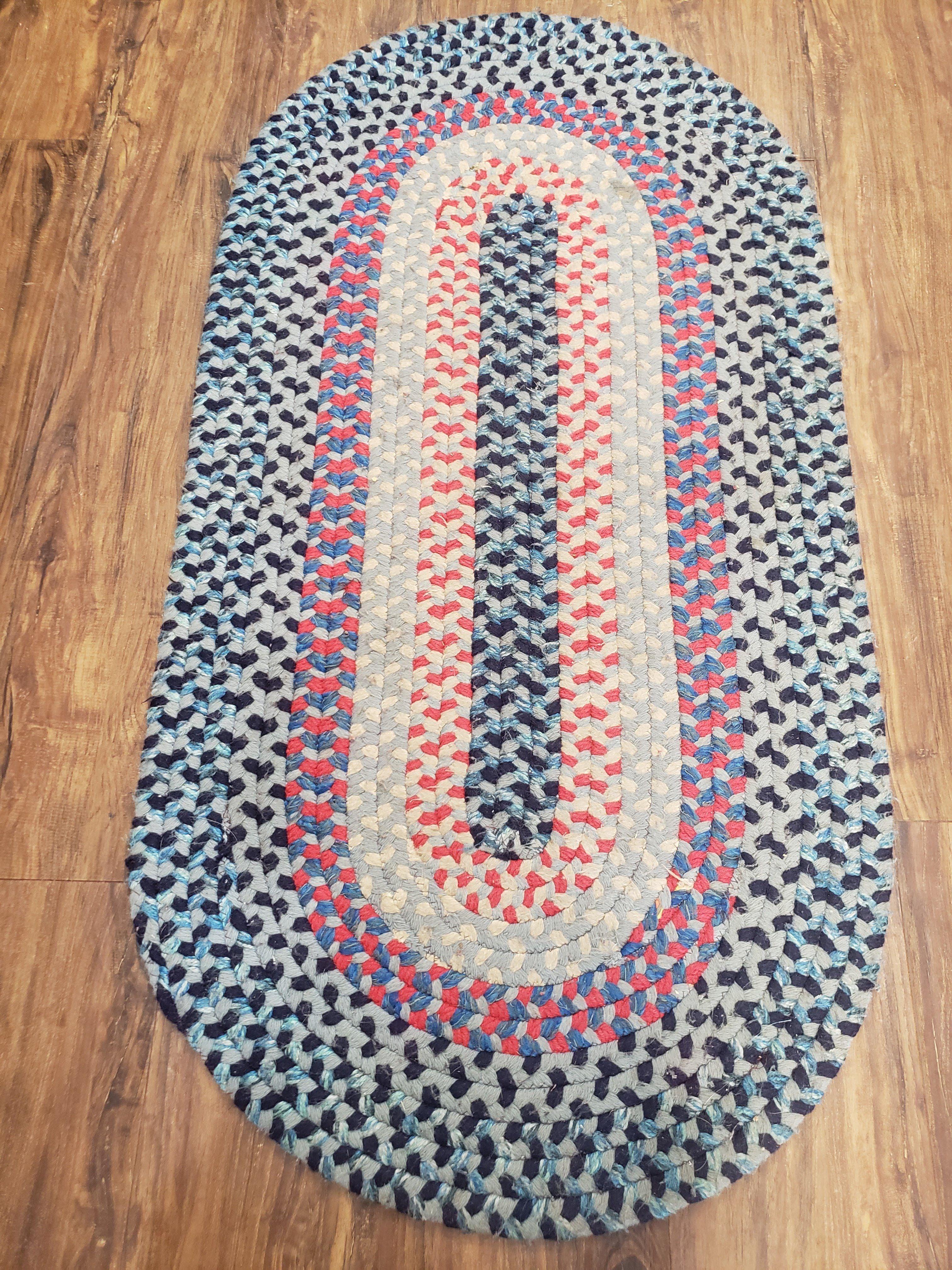 Oval Braided Rug, American Braided Rug, Multicolor Colorful, Blue Teal Cream Pink, 2x4 Oval Rug, Vintage 1960s Rug - Jewel Rugs