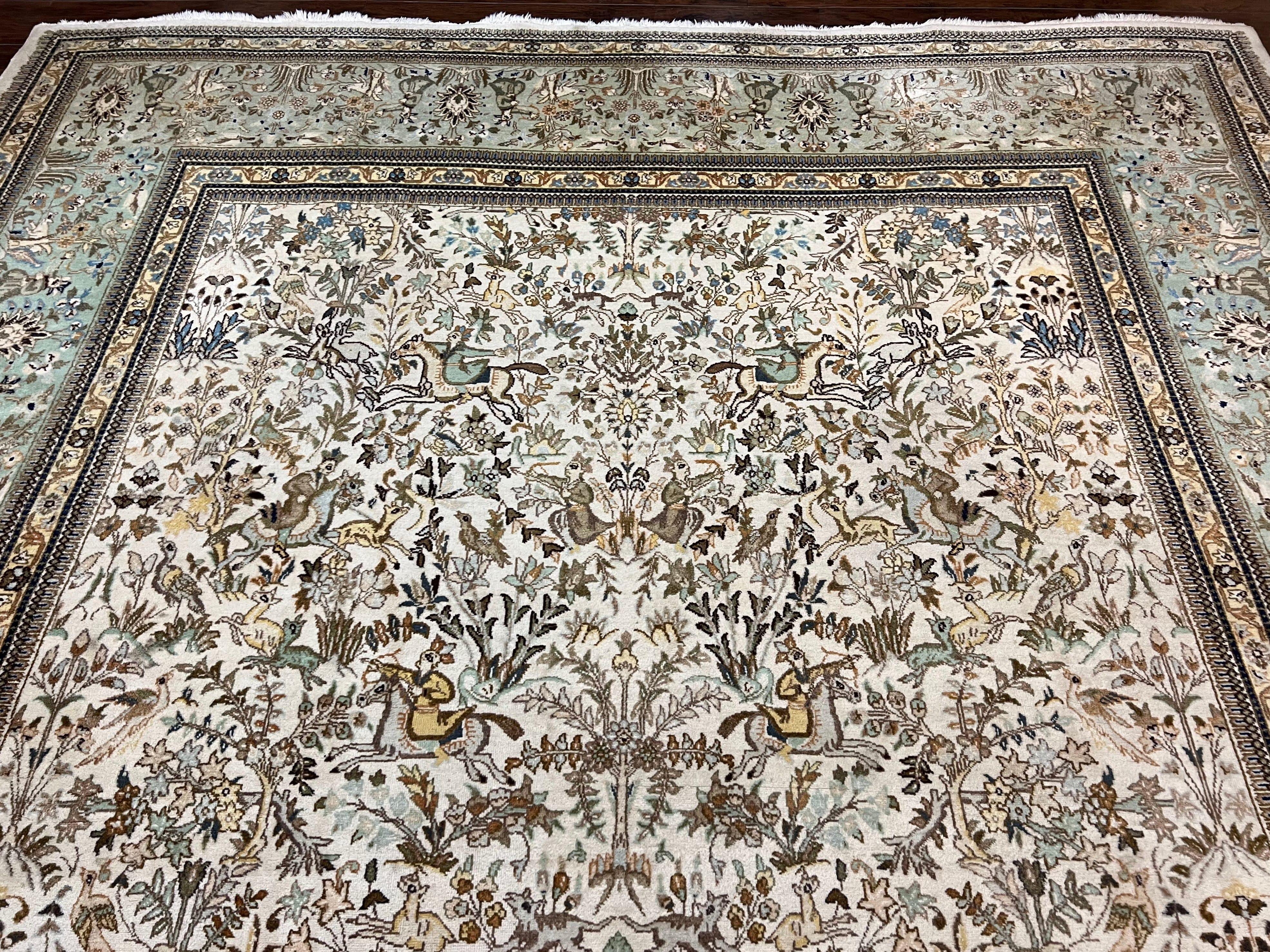 Wonderful Persian Tabriz Rug 10x16, Ivory and Light Green Oriental Carpet, Large Wool Handmade Rug 10 x 16, Floral, Hunting Scene Horsemen Animals - Jewel Rugs