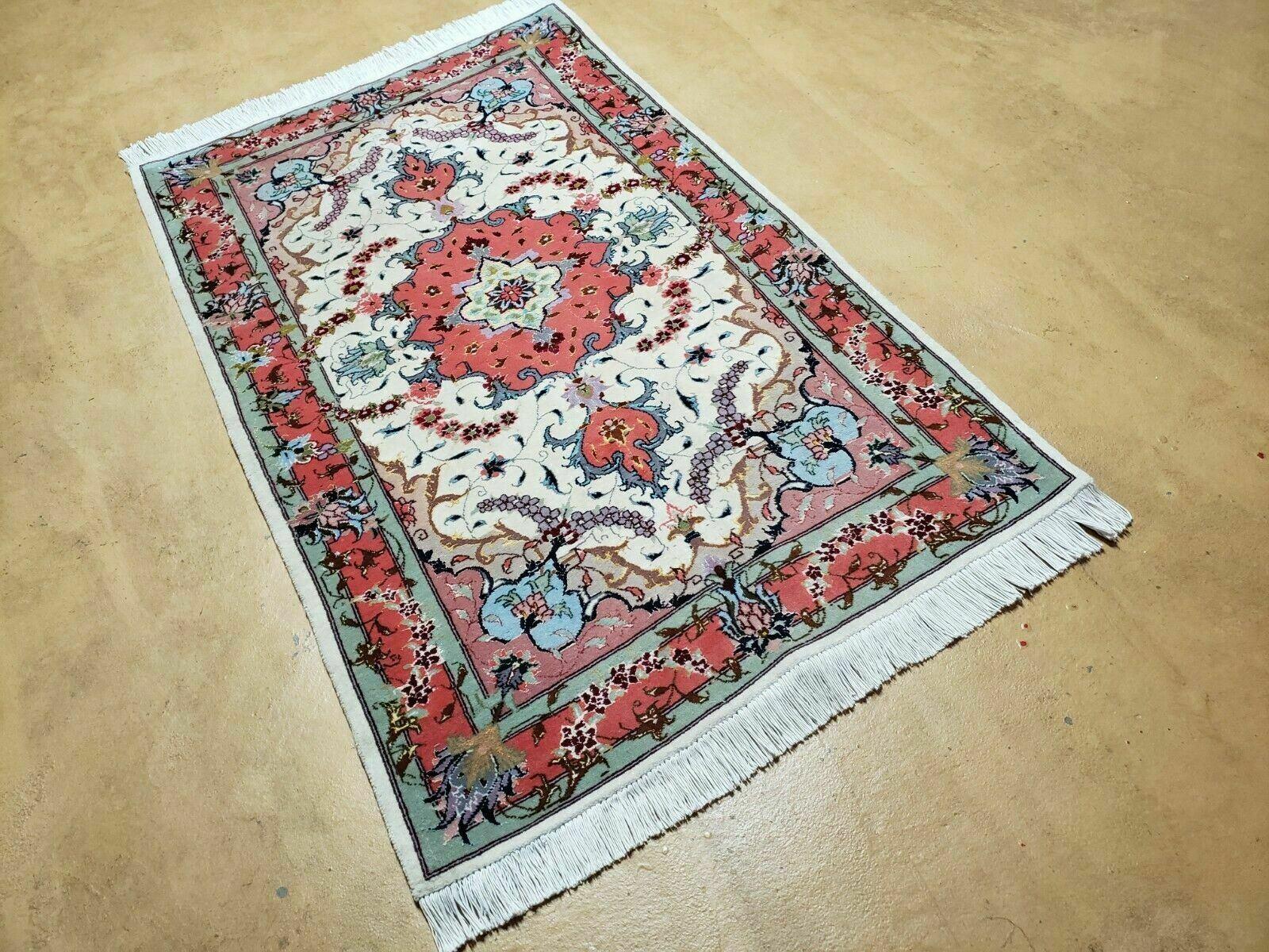 Small Vintage Persian Tabriz Wool and Silk Rug 2.5 x 4 ft, Very Finely Hand Knotted, Medallion, Ivory Salmon Light Blue, Top Quality, Pair B - Jewel Rugs