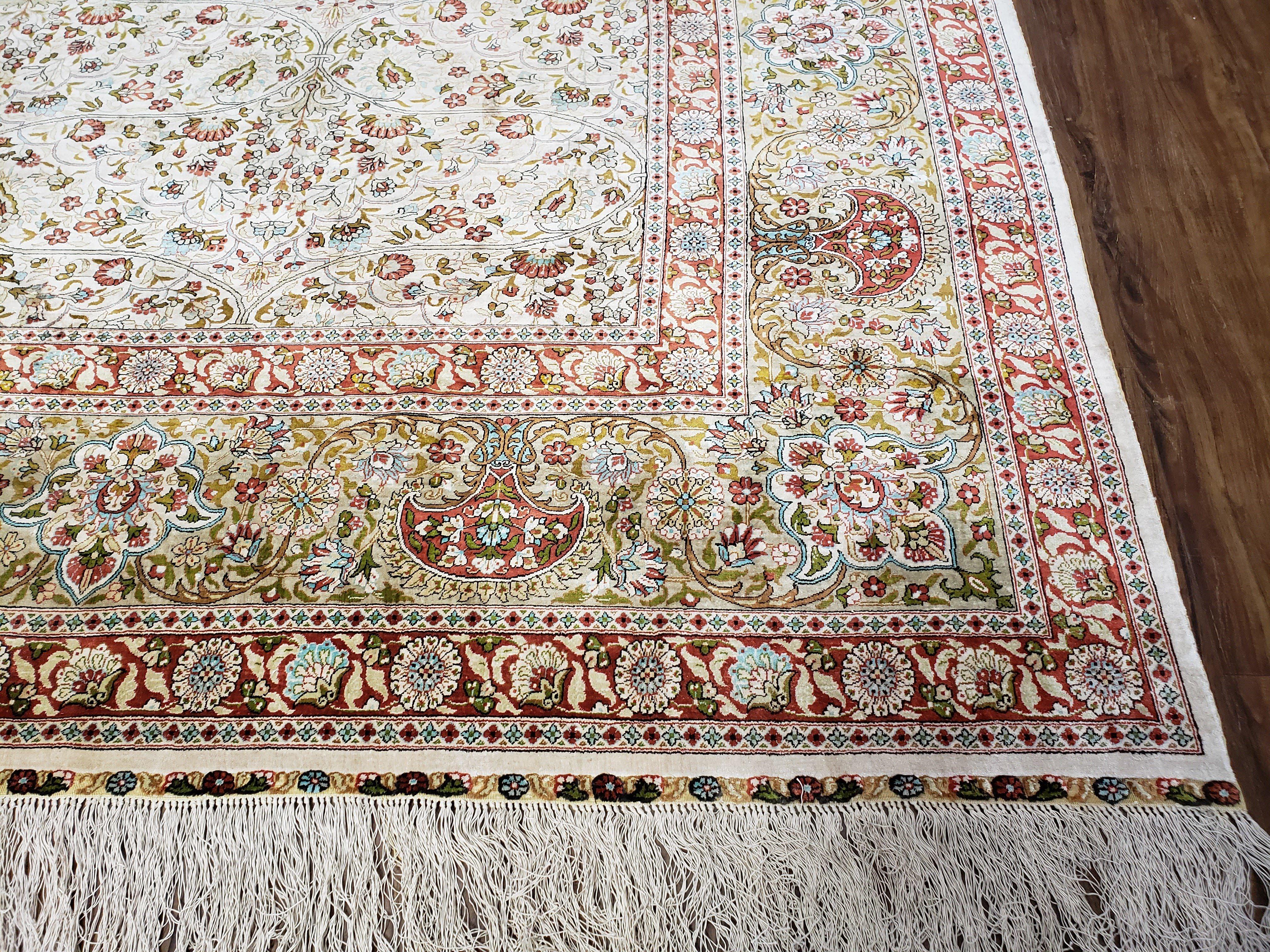 Stunning Silk Hereke Rug 8x10, Super Fine 500+ KPSI, Signature Master Weaver, Room Sized All Silk Turkish Carpet, Silk on Silk, Masterpiece - Jewel Rugs