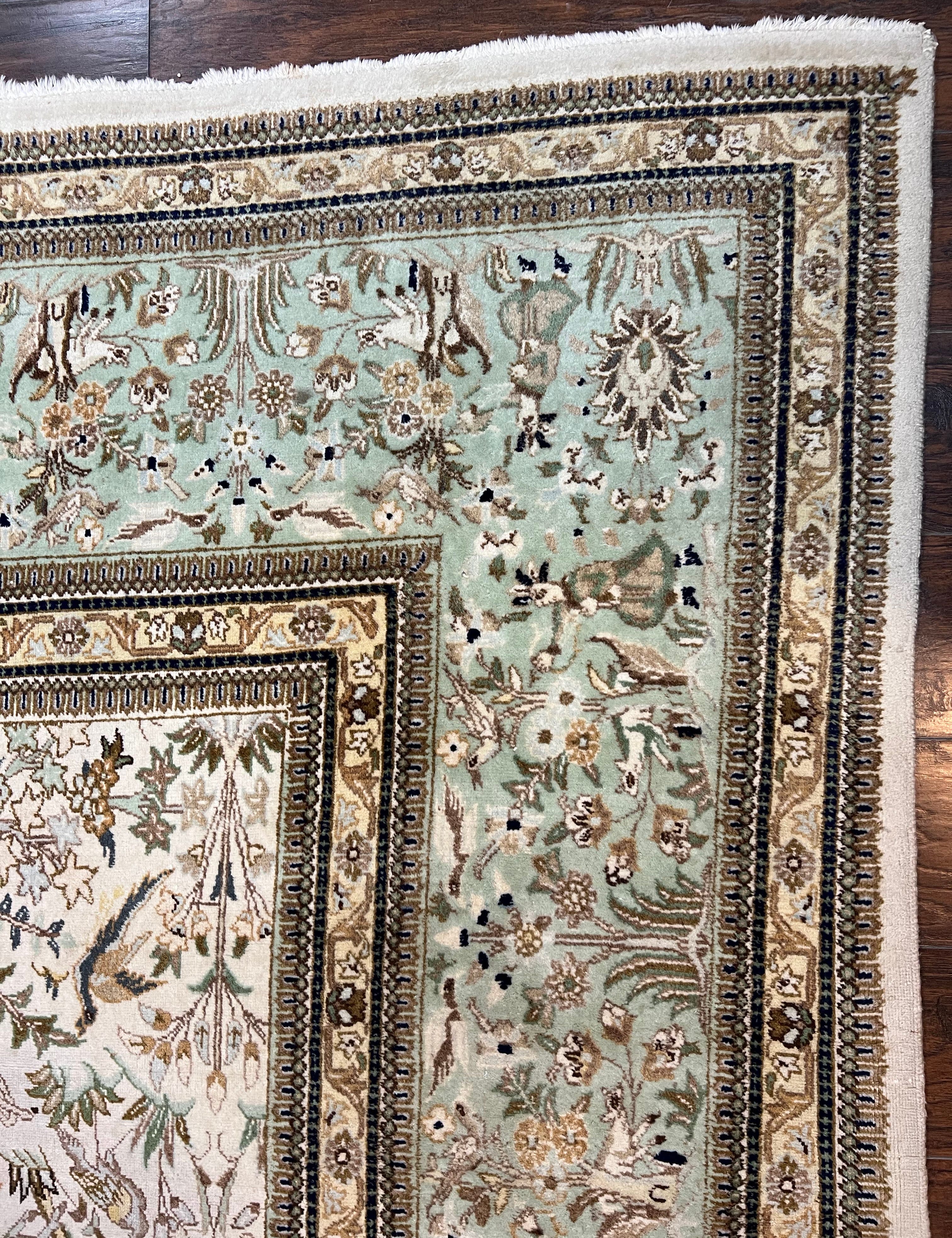 Wonderful Persian Tabriz Rug 10x16, Ivory and Light Green Oriental Carpet, Large Wool Handmade Rug 10 x 16, Floral, Hunting Scene Horsemen Animals - Jewel Rugs