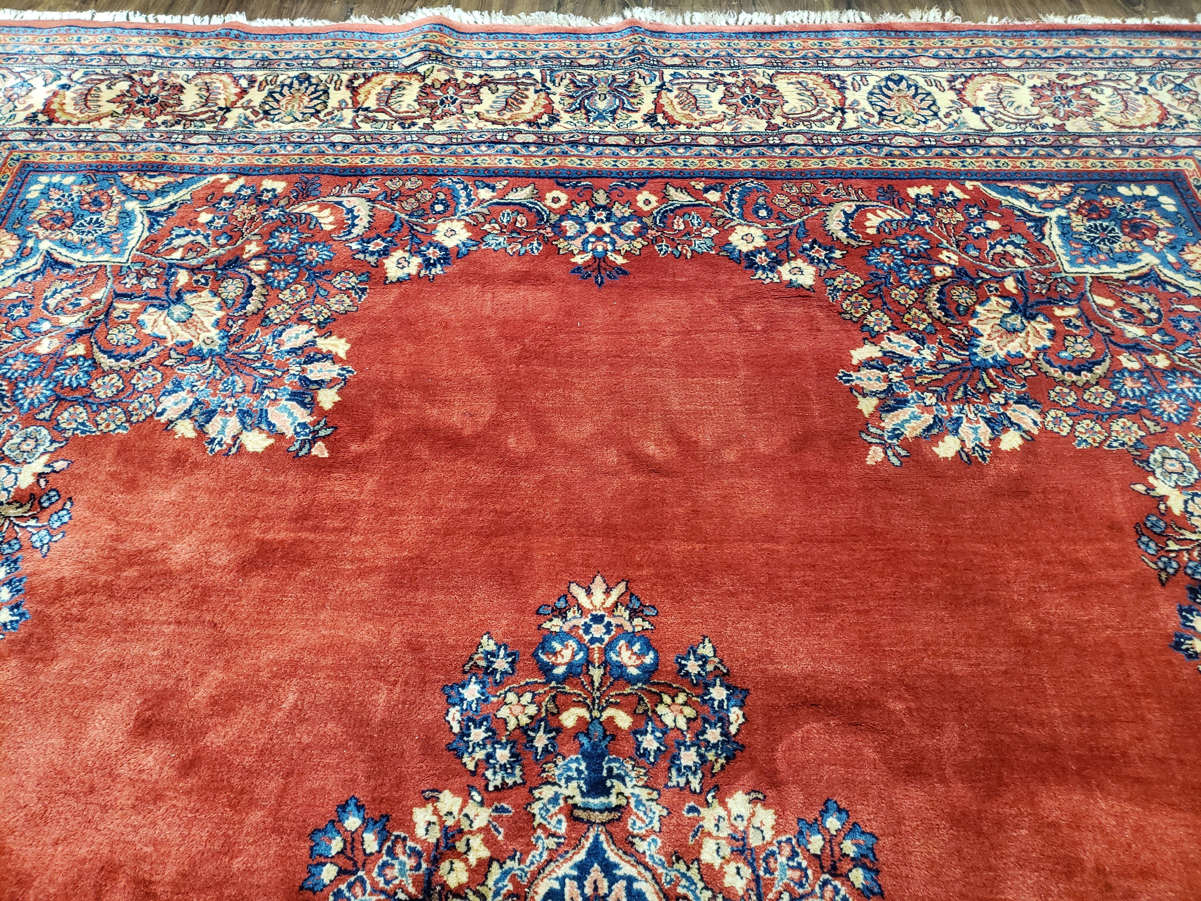 Semi Antique Persian Sarouk Rug 9x12, Semi Open Field with Central Medallion, Hand Knotted Wool, Tomato Red, 9 x 12 Authentic Oriental Carpet - Jewel Rugs