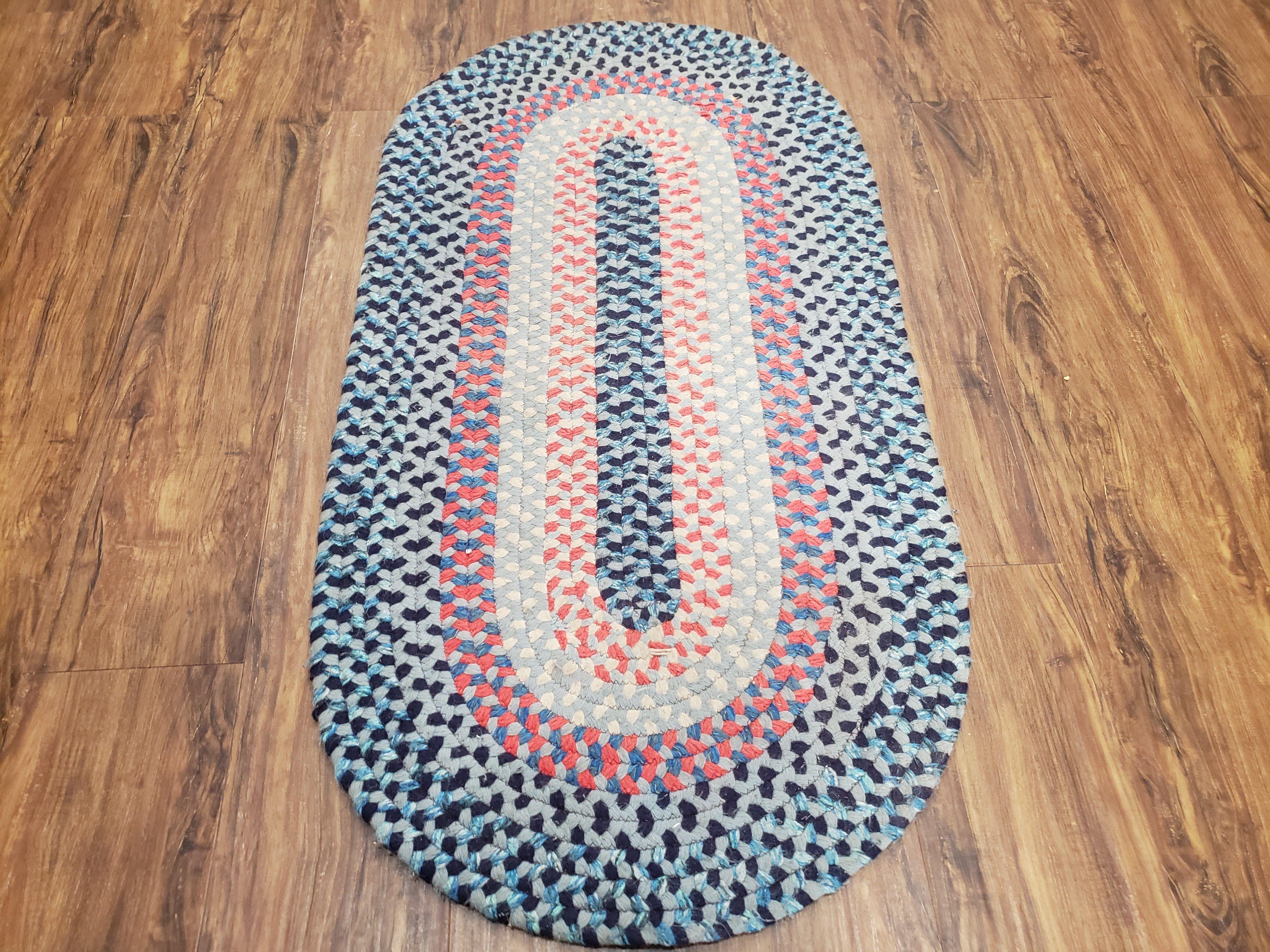 Oval Braided Rug, American Braided Rug, Multicolor Colorful, Blue Teal Cream Pink, 2x4 Oval Rug, Vintage 1960s Rug - Jewel Rugs