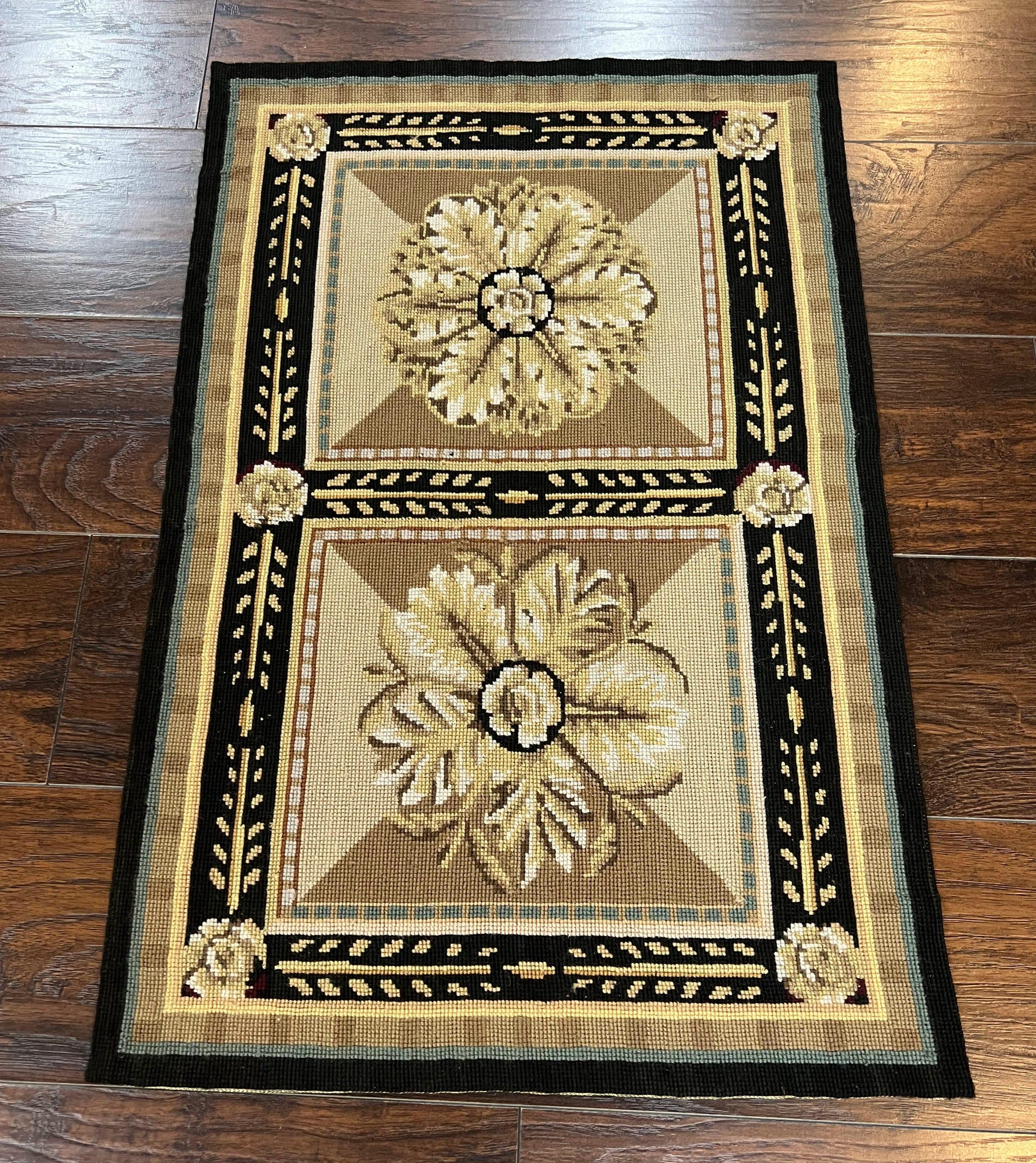 Small Needlepoint Rug 2x3 ft, Flatweave Vintage Handmade Hand-woven Needlepoint Carpet 2 x 3, Wool, Fine, Floral Panel, Beige Tan Black - Jewel Rugs