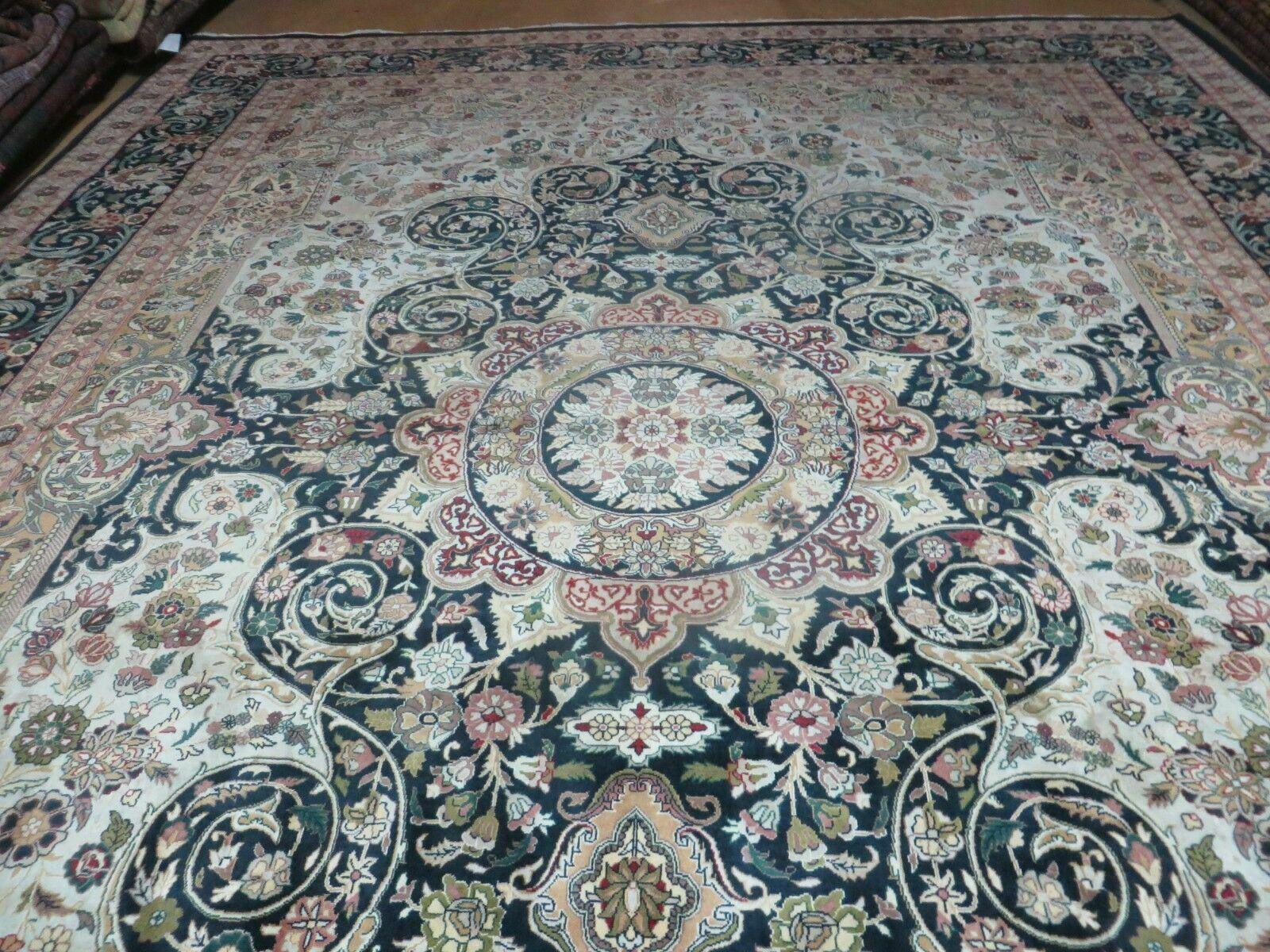 Beautiful Sino Persian Rug 9x12, Elegant High Quality Handmade Wool Oriental Carpet, Medallion with Corner Design, Floral, Black and Ivory - Jewel Rugs