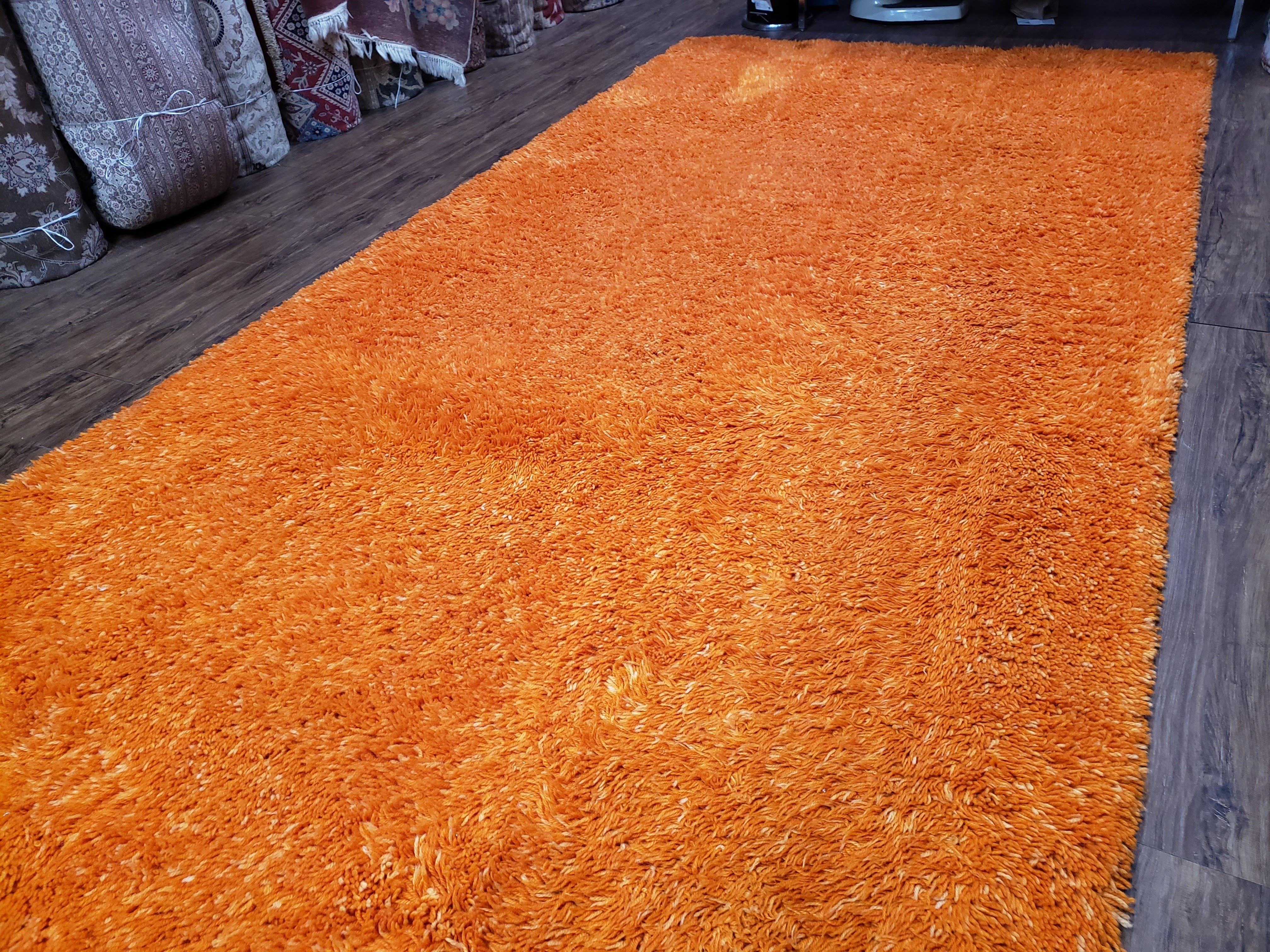 Large Orange Shag Rug 6 x 12, Vintage Mid Century European Shag Rug 6x12 ft, Rya Style Shag Carpet, Room Sized Shag Rug, Long Shag Rug, Soft - Jewel Rugs