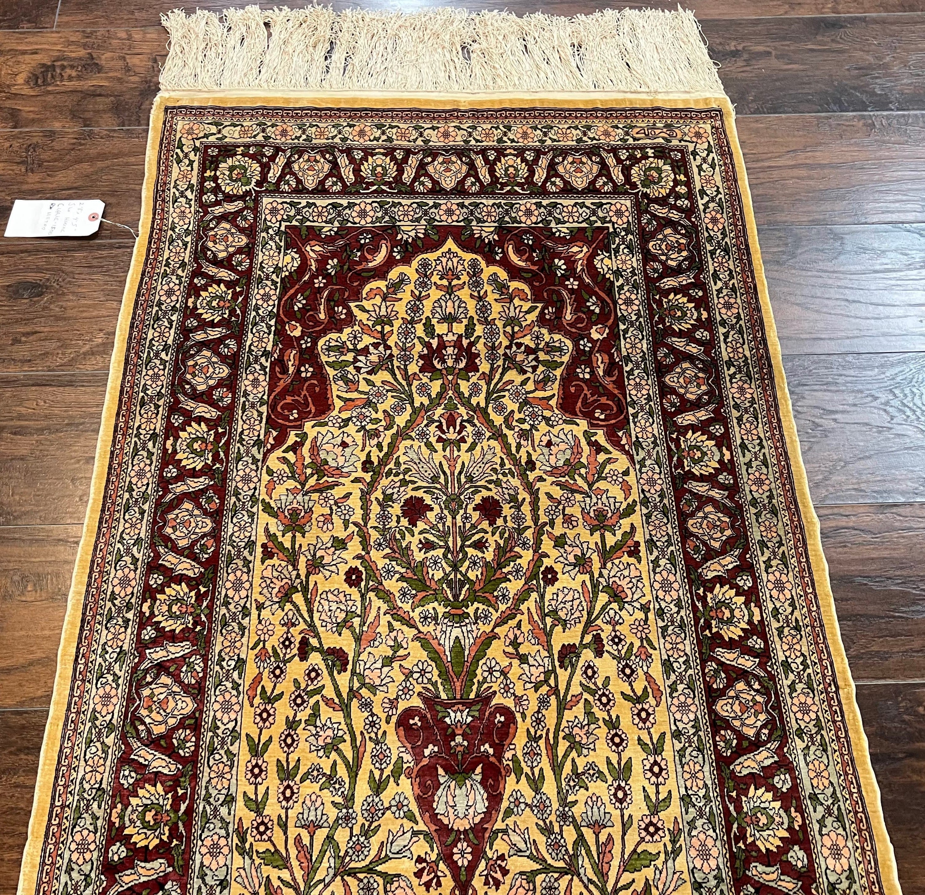 Wonderful Silk Turkish Hereke Prayer Rug 2.8 x 4.5, Tree of Life Design, Signature from Master Weaver, Gold and Burgundy, Handmade, 625 KPSI - Jewel Rugs