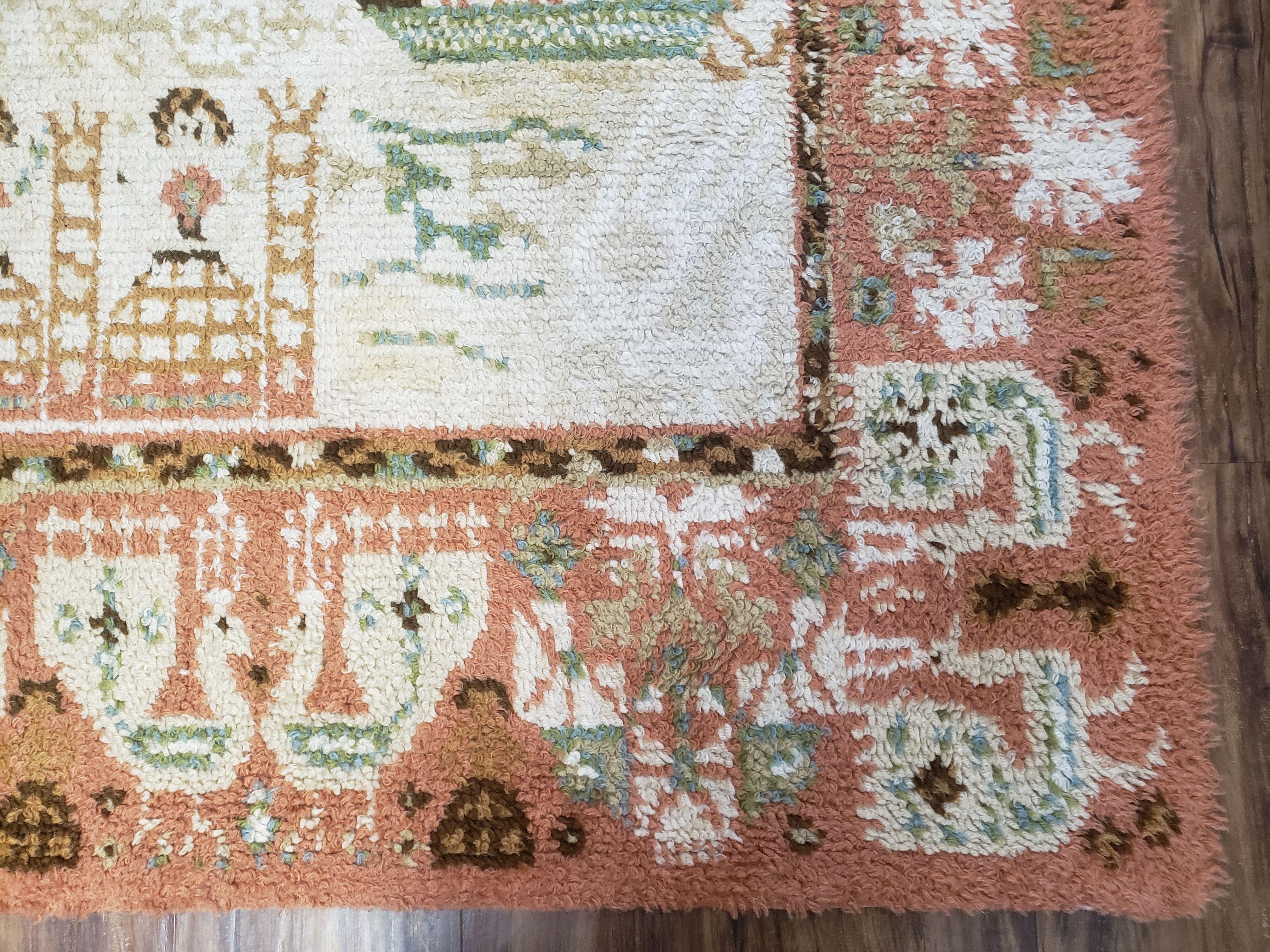 Vintage Scandinavian Area Rug, Rya Shag Rug, Wool, Beige & Carribbean Coral, Scandinavian Folk Art Rug, Human Motifs, Boats, Vikings, 6x9 - Jewel Rugs
