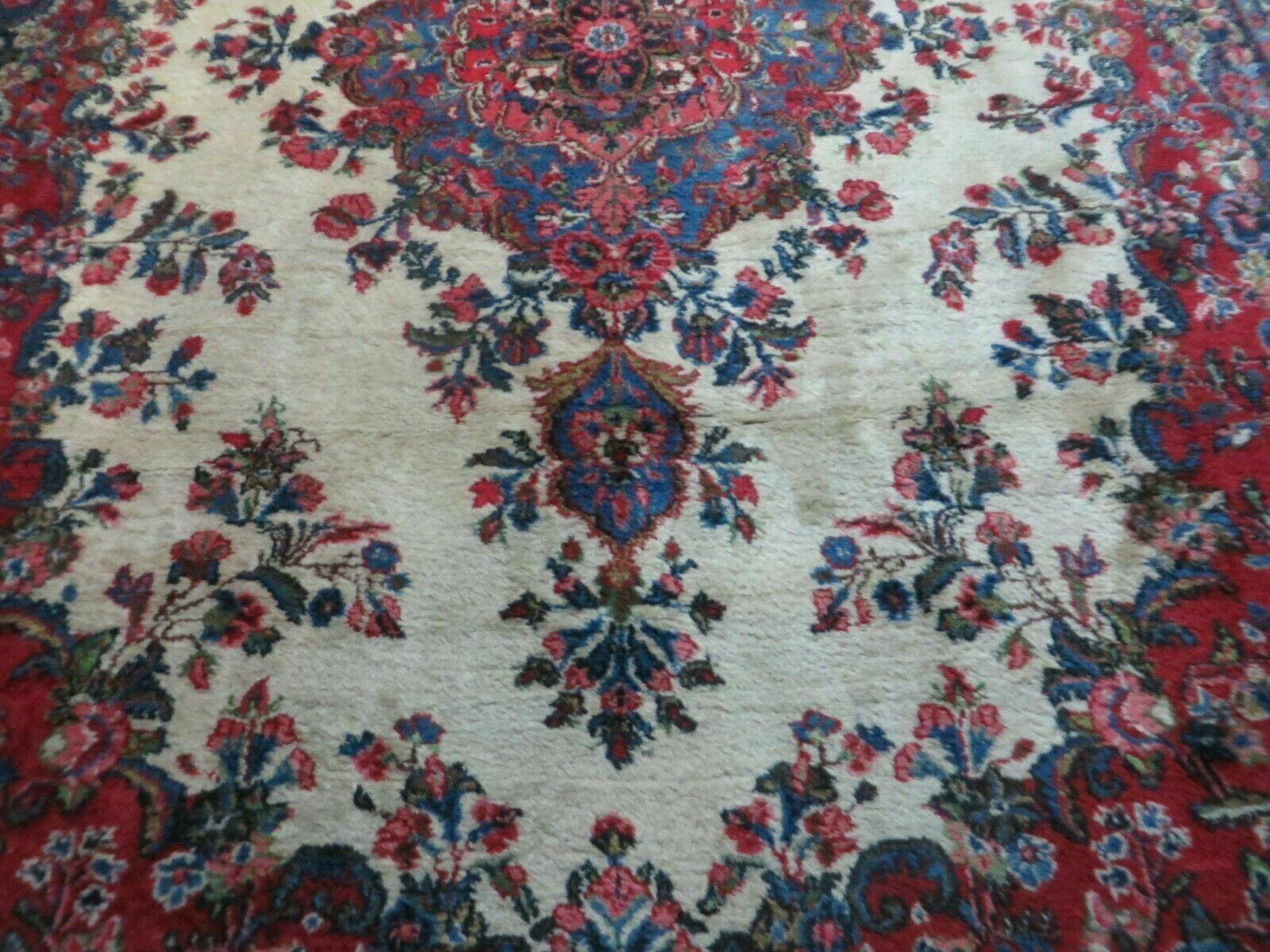 9x12 Persian Sarouk Rug - Semi Open Field Medallion Rug - Ivory Red Blue Hand Knotted Wool Oriental Carpet 9 x 12 Antique Rug - Vegetable Dyes - Jewel Rugs