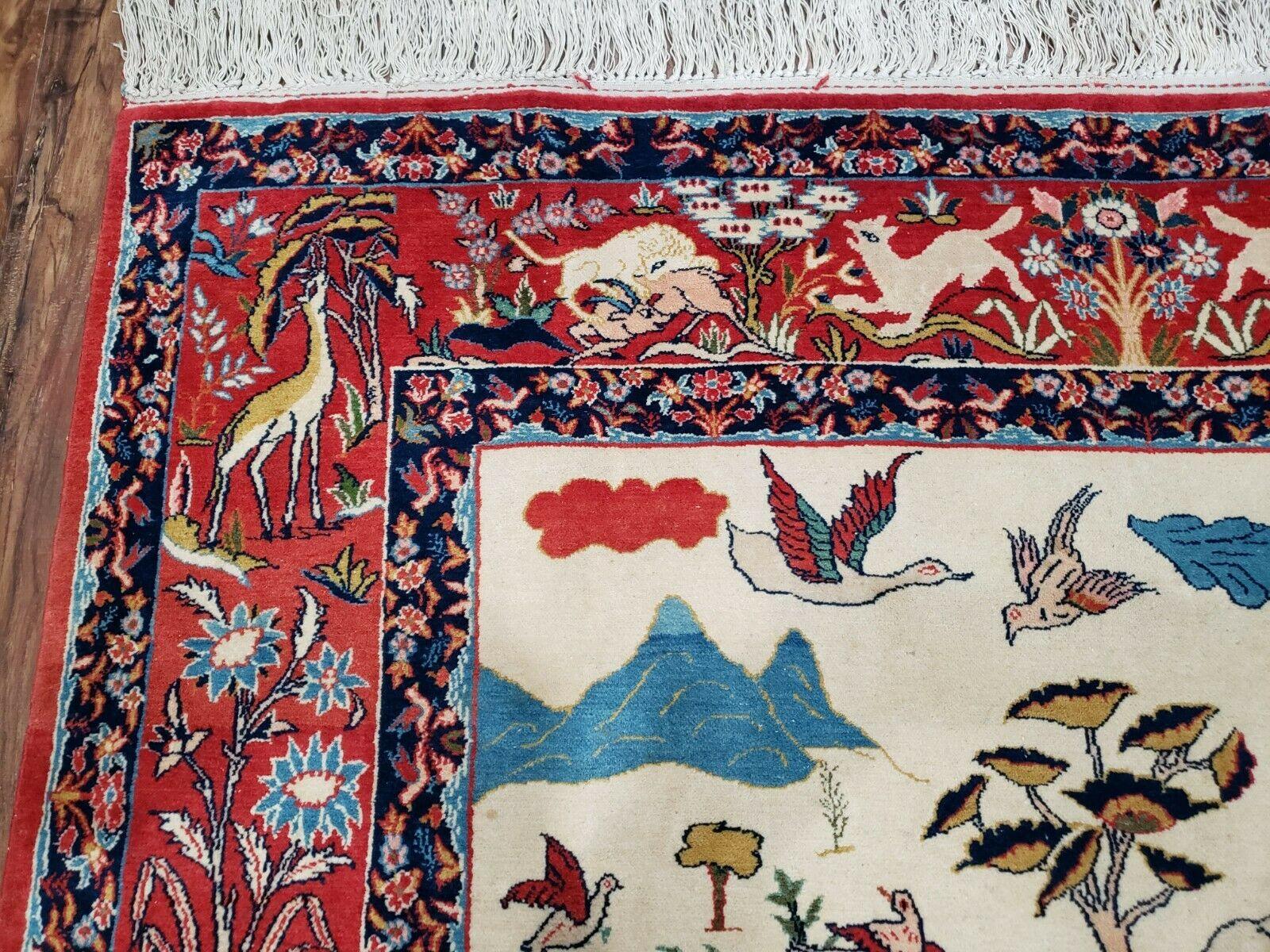 Antique Persian Isfahan Rug 5x7, Animal and Human Pictorials, Hand Knotted Fine Oriental Wool Carpet, Cream and Red, High KPSI, Vintage Rug 5 x 7 ft - Jewel Rugs