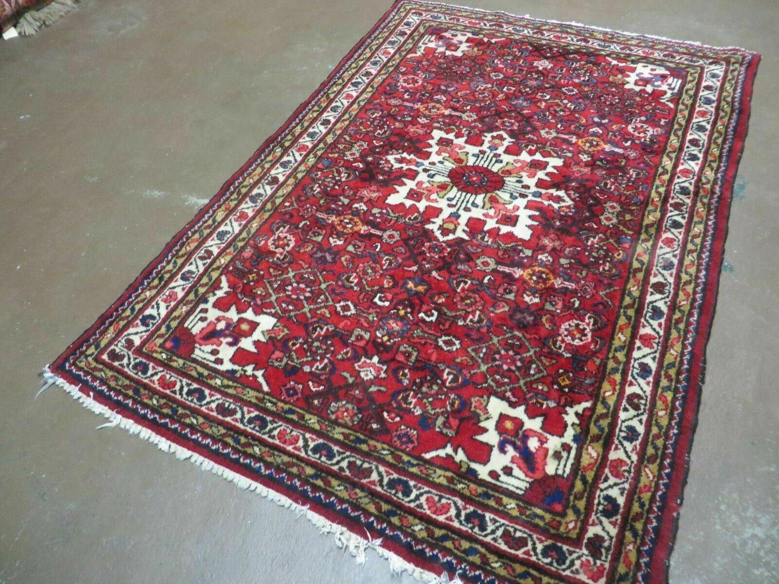 Semi Antique Persian Hamadan Rug 4x6, Vintage Handmade Hand Knotted Wool Oriental Carpet, Tribal Medallion, Vegetable Dyes, Red Ivory - Jewel Rugs