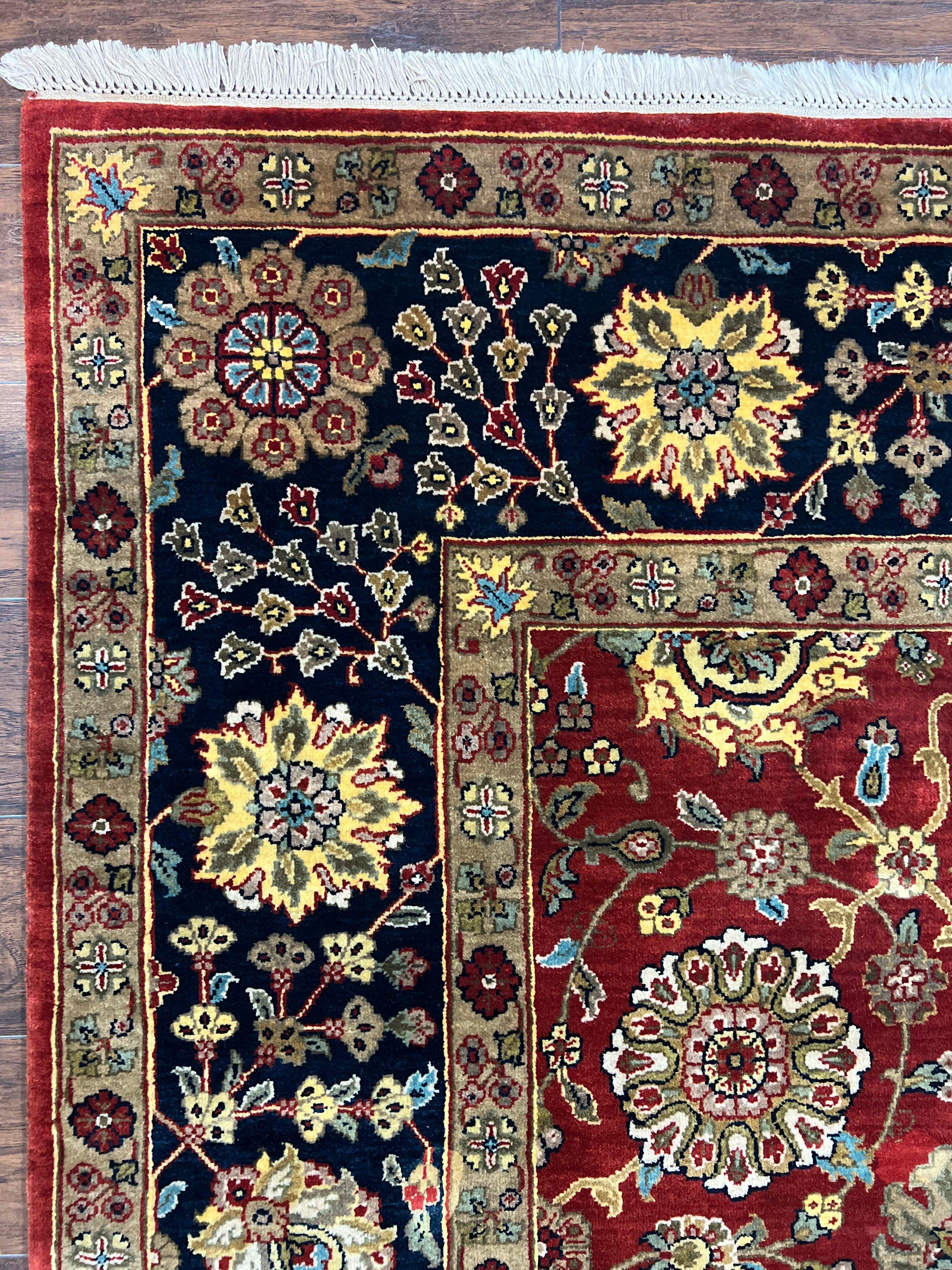 Indo Persian Rug 9x12, Hand Knotted Traditional Indian Wool Oriental Carpet 9 x 12 ft, Maroon and Navy Blue, Floral Allover 9x12 Vintage Rug - Jewel Rugs