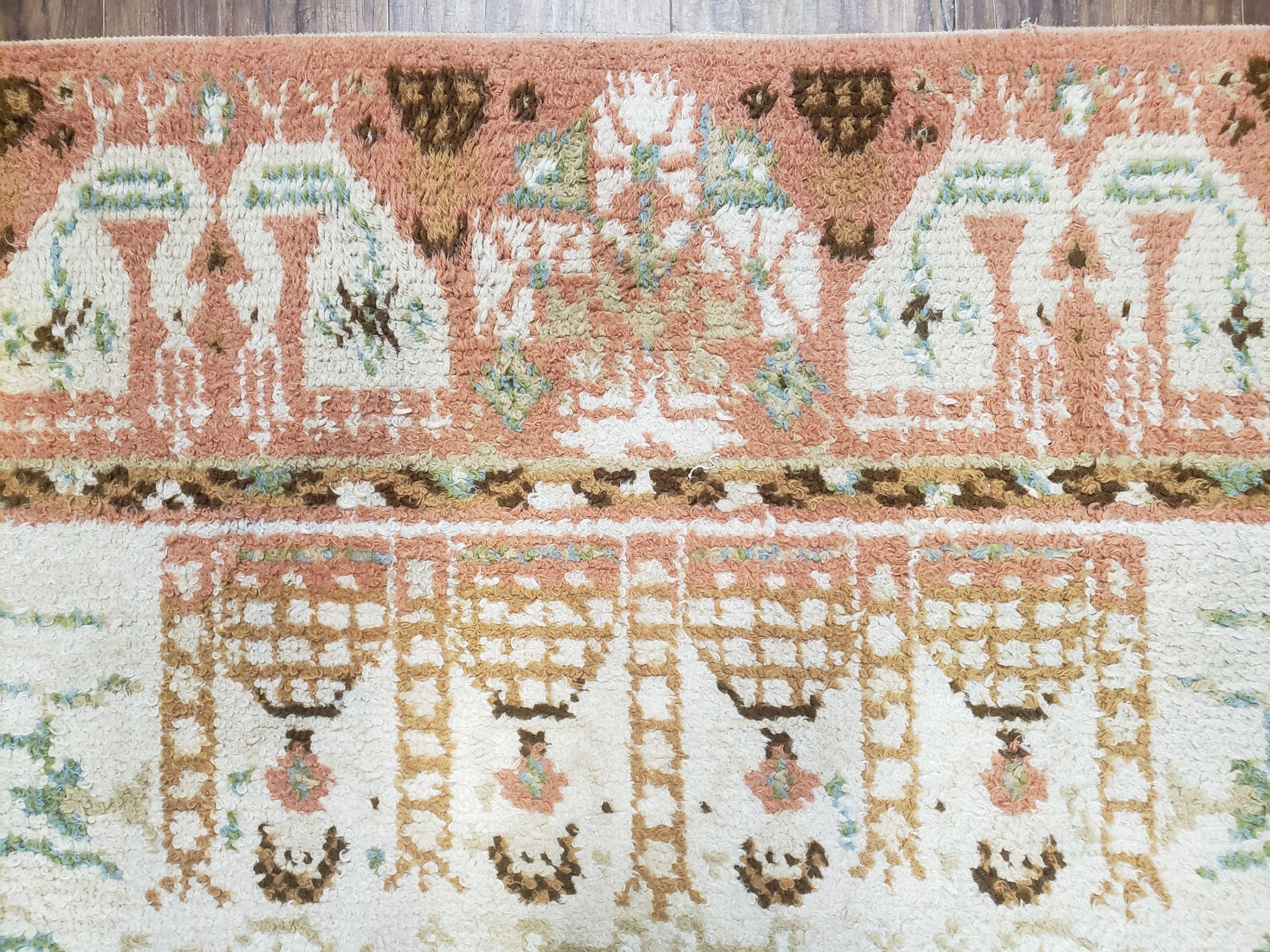 Vintage Scandinavian Area Rug, Rya Shag Rug, Wool, Beige & Carribbean Coral, Scandinavian Folk Art Rug, Human Motifs, Boats, Vikings, 6x9 - Jewel Rugs