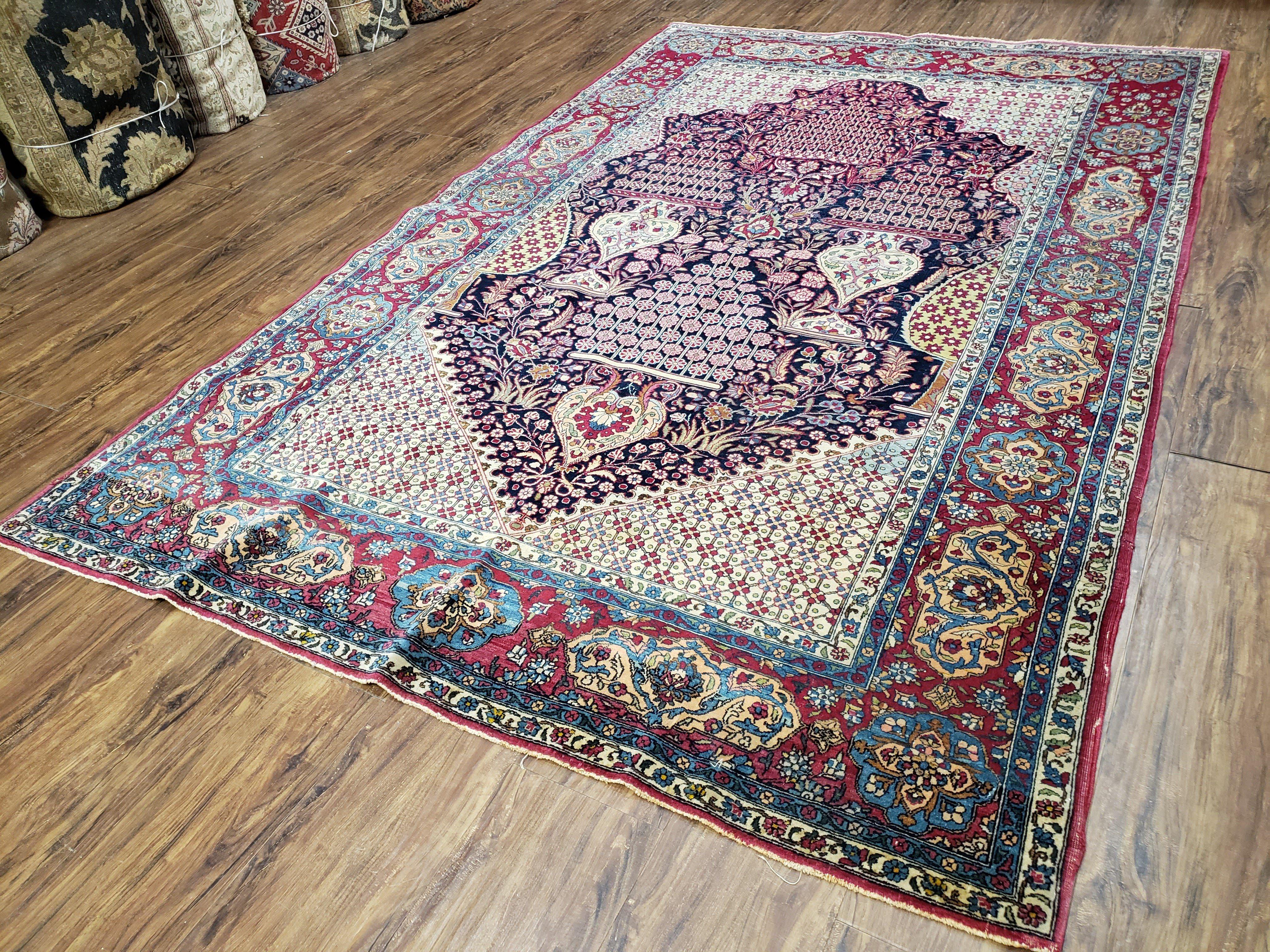 Antique Persian Tehran Rug 5x8, Midnight Blue and Red, Hand-Knotted, Wool - Jewel Rugs