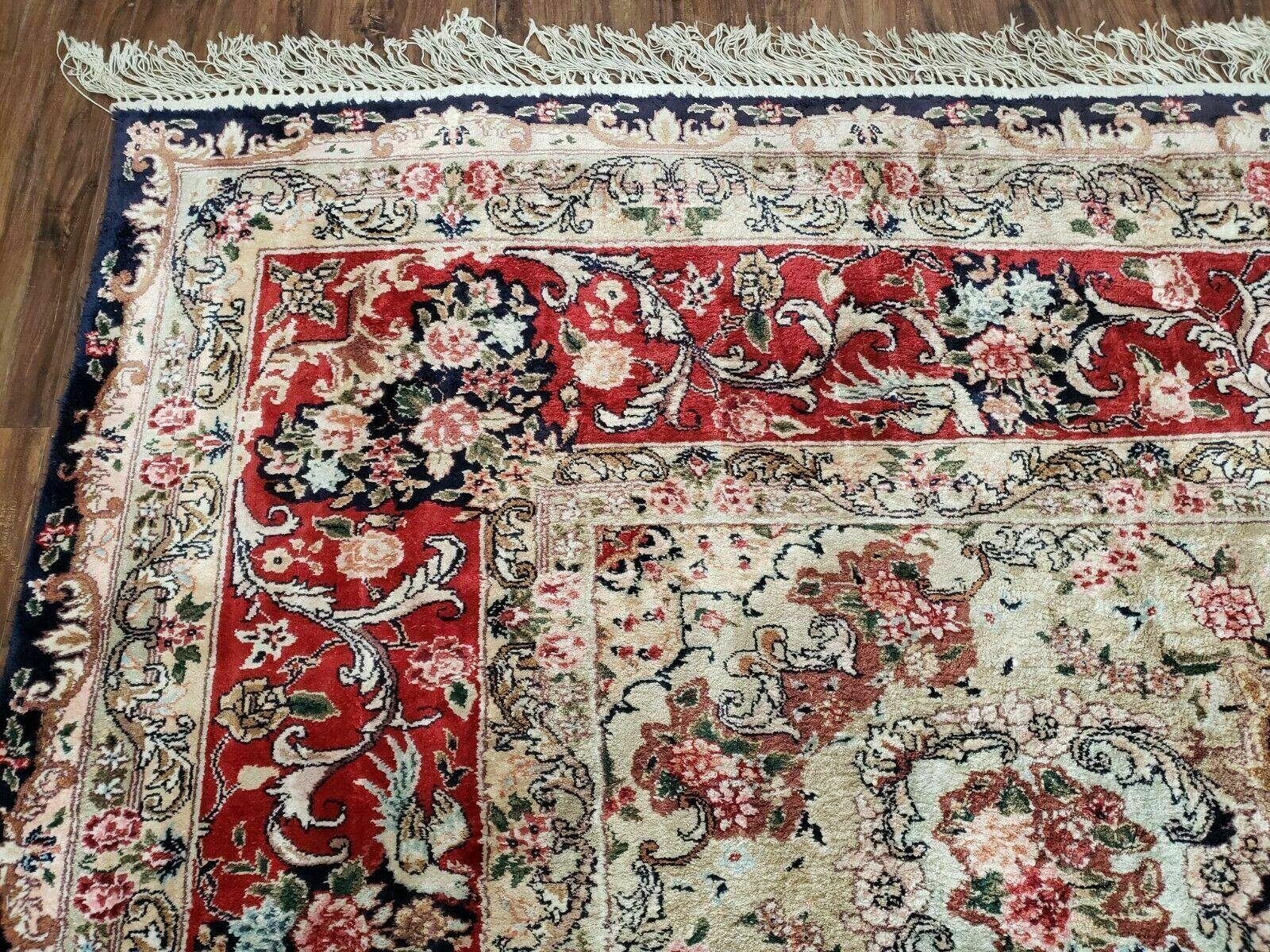 Indian Silk Kashmiri Rug 9x12, Room Sized Silk Carpet, Handmade Hand Knotted Oriental Rug 9 x 12, Navy Blue Red Tan Floral Medallion Birds - Jewel Rugs
