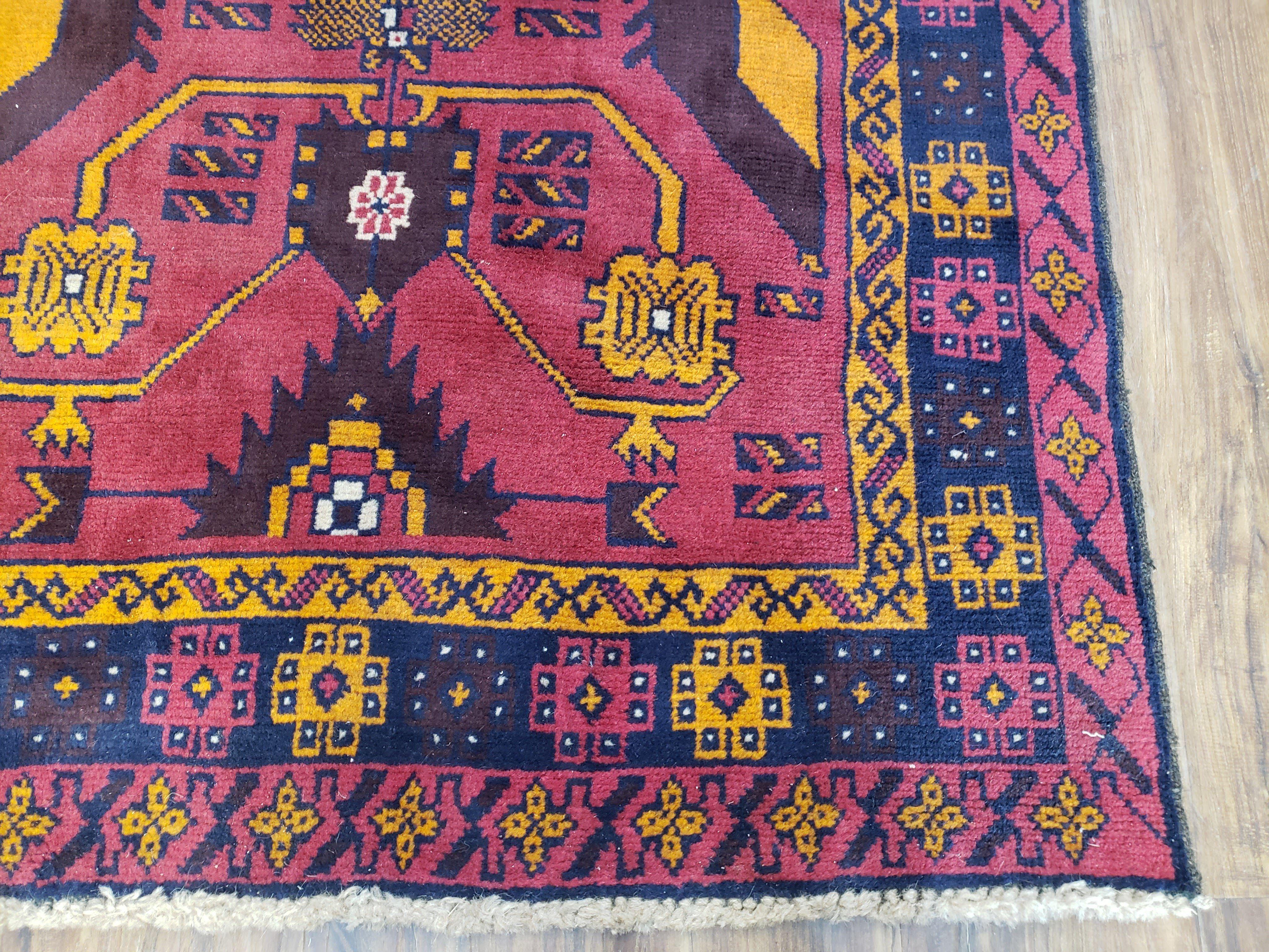 Vintage Balouchi Rug 3.8 x 6.4 ft, Small Baluch Carpet, Hand-Knotted Vivid Colors, Wool Nomadic Tribal Rug, Bohomenian Area Rug, Red Blue - Jewel Rugs