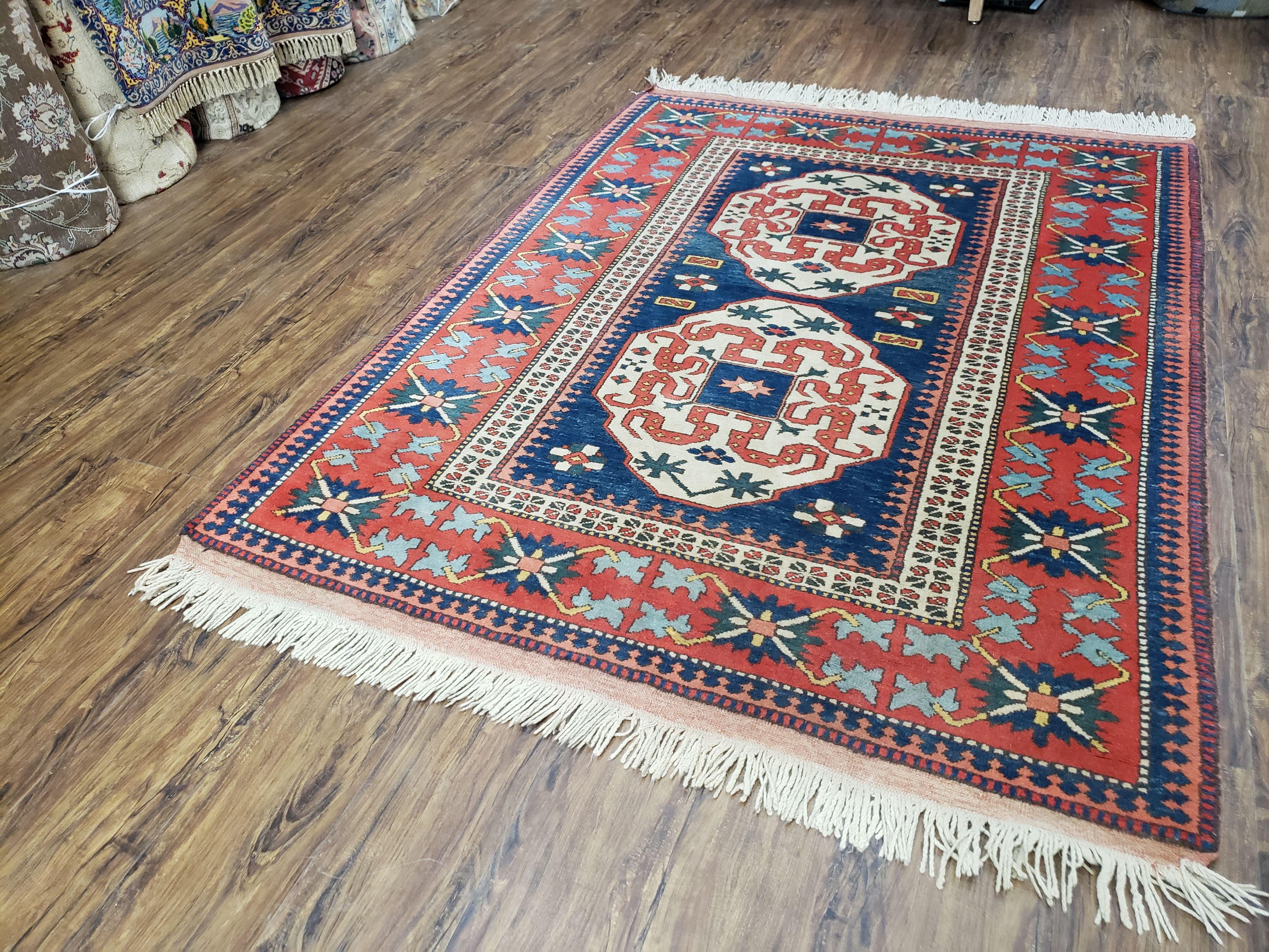 Turkish Kazak Rug 5x6 Vintage Handmade Wool Carpet Geometric Blue Red - Jewel Rugs