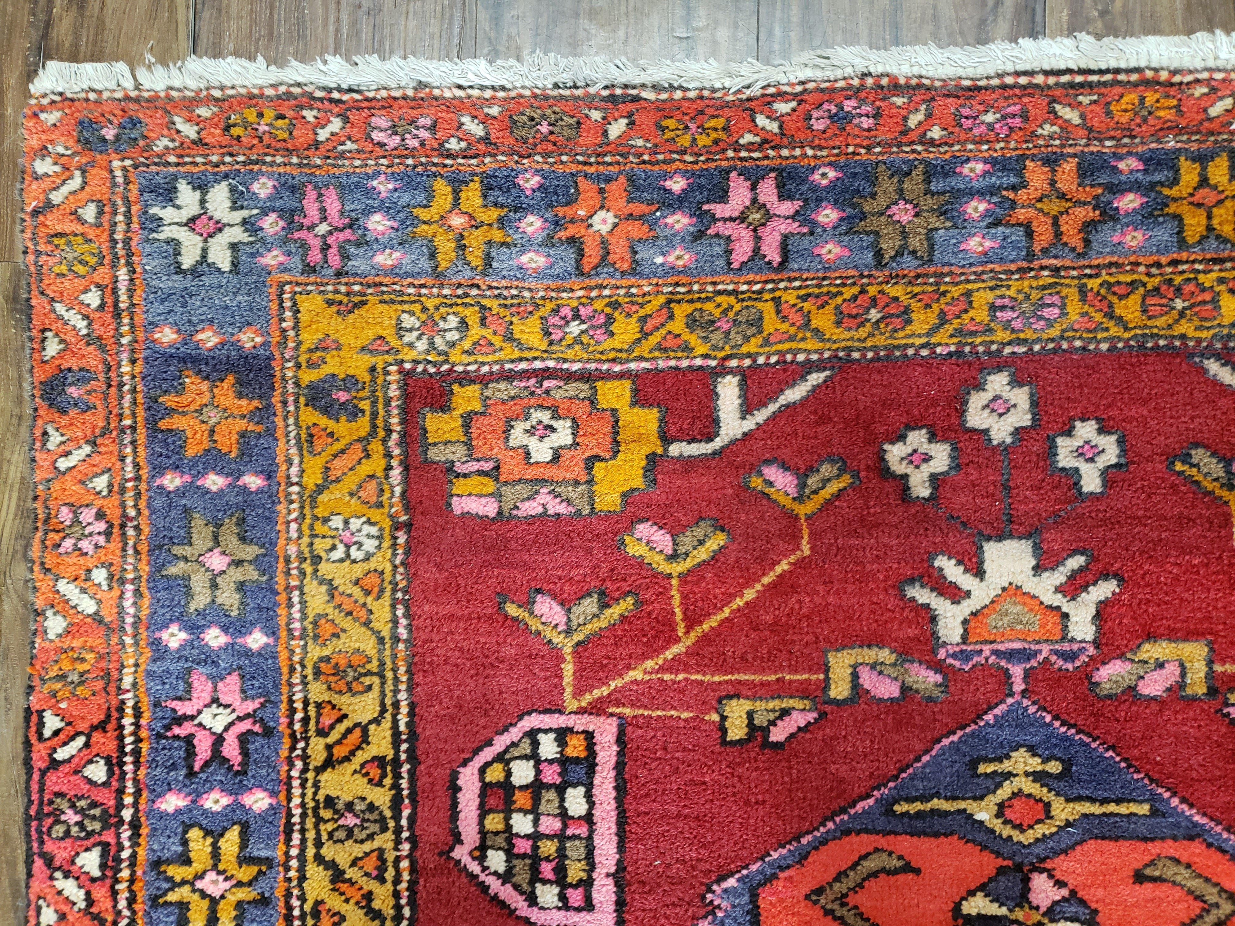 Antique Persian Karajeh Runner Rug 4.4 x 11 ft, Red Colorful Bold Vintage Tribal Geometric Heriz Runner, Village Runner, High Quality Handmade, 11ft Runner - Jewel Rugs