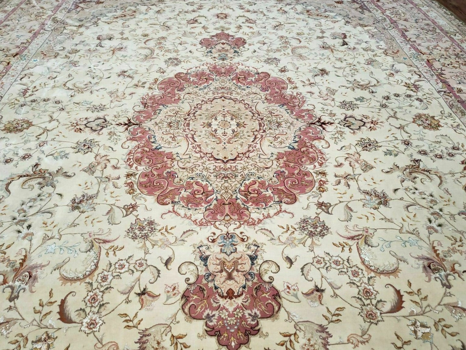 Stunning Sino Persian Rug 9x12, Wool Pile on Silk Foundation, Luxury Elegant Hand Knotted Carpet, Floral Medallion, Very Fine, Cream Salmon - Jewel Rugs