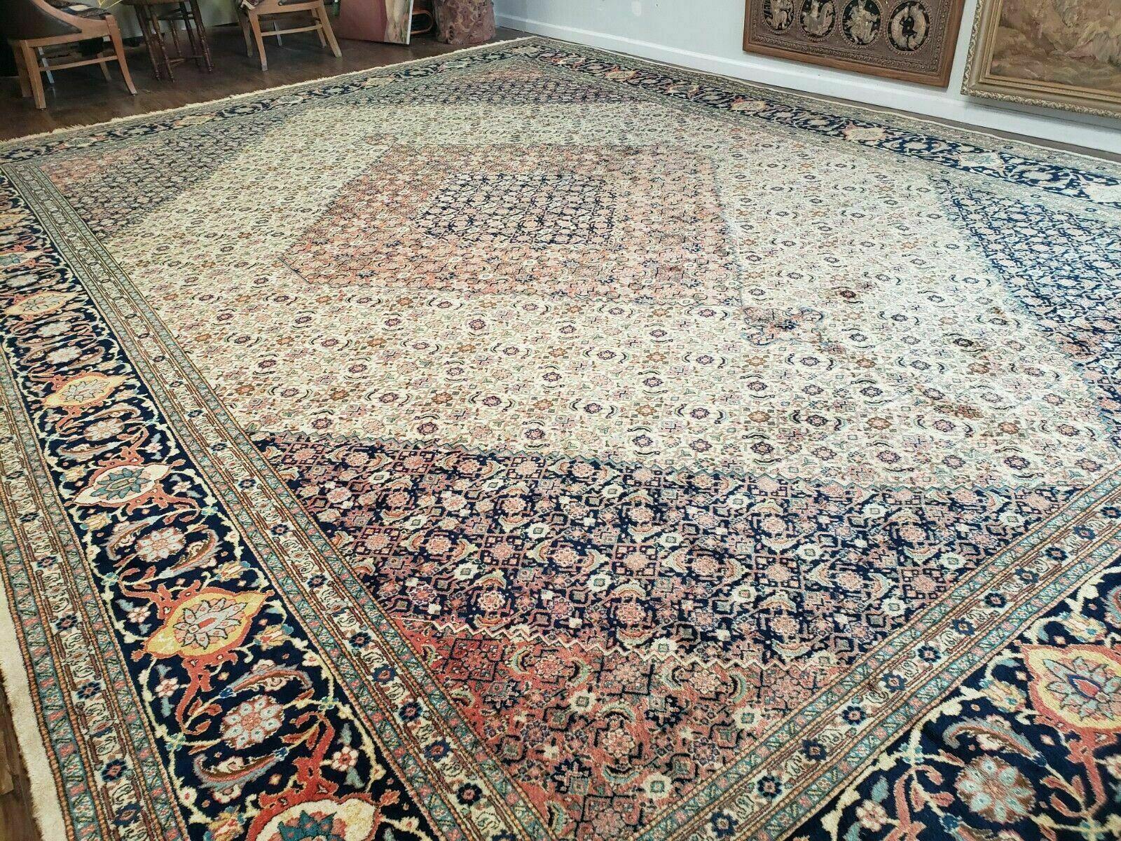 Persian Tabriz Rug 12x17, Allover Herati Pattern, High Quality Wool Rug, 12 x 17 Oriental Carpet, Hand Knotted, Blue Salmon Red Beige, Vintage Rug - Jewel Rugs