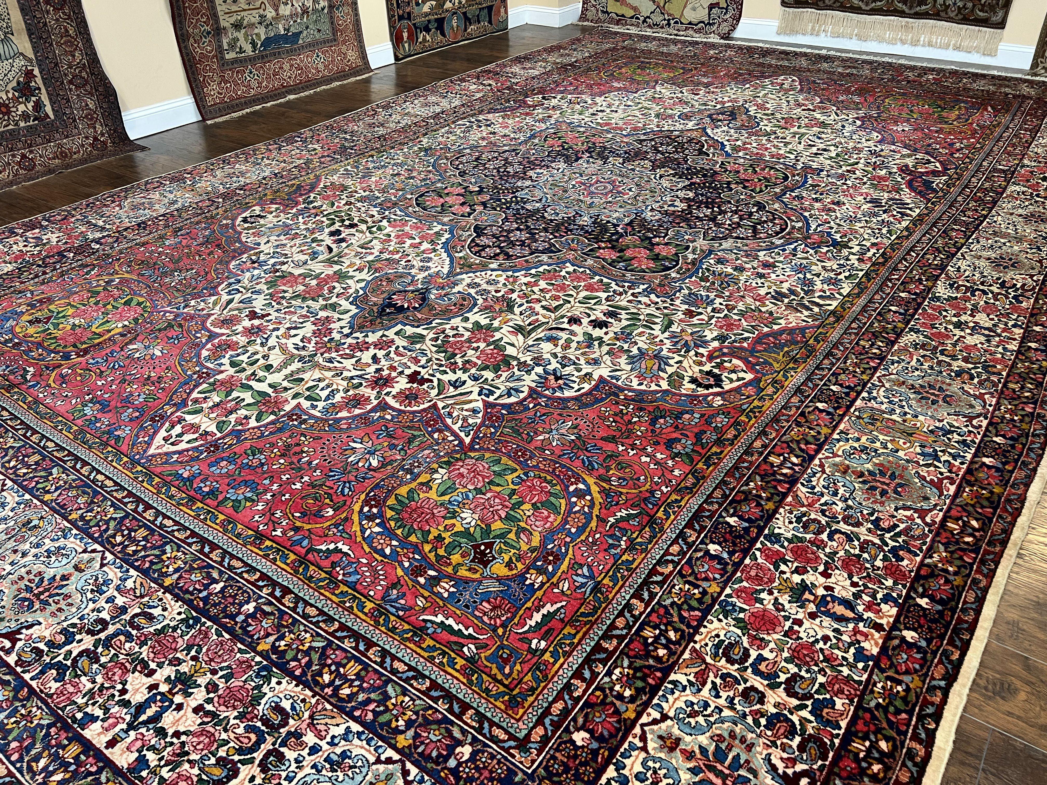 Spectacular Antique Persian Rug 12x19, Oversized Carpet 12 x 19, Palace Sized Hand Knotted Wool Rug, Floral Medallion, Kirman Lavar, Ivory Red - Jewel Rugs