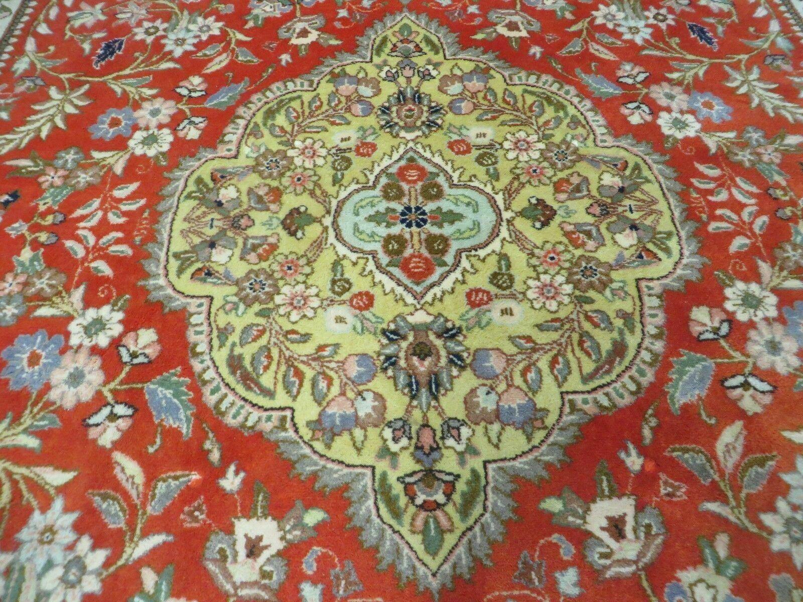 Vintage Persian Tabriz Rug 9x12, Tabatabaie Rug 9x12 Carpet, Handmade Hand Knotted Wool Area Rug, Tomato Red Beige, Medallion Rug, Floral - Jewel Rugs