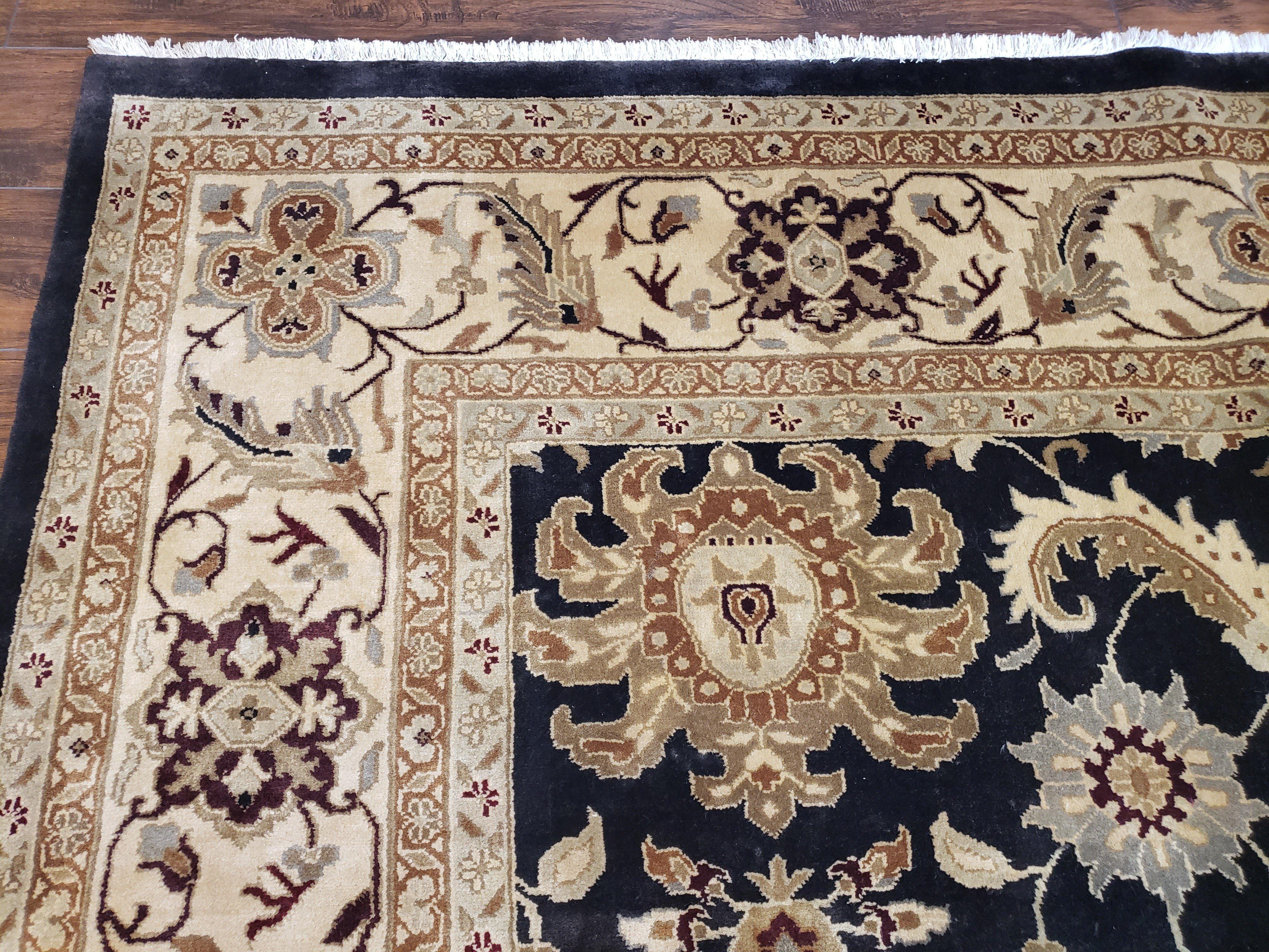 Indo Mahal Rug 8x12, Indian Sultanabad Handmade Area Rug, Vintage Hand-Knotted Wool Black Floral Traditional Oriental Dinning Room Rug - Jewel Rugs