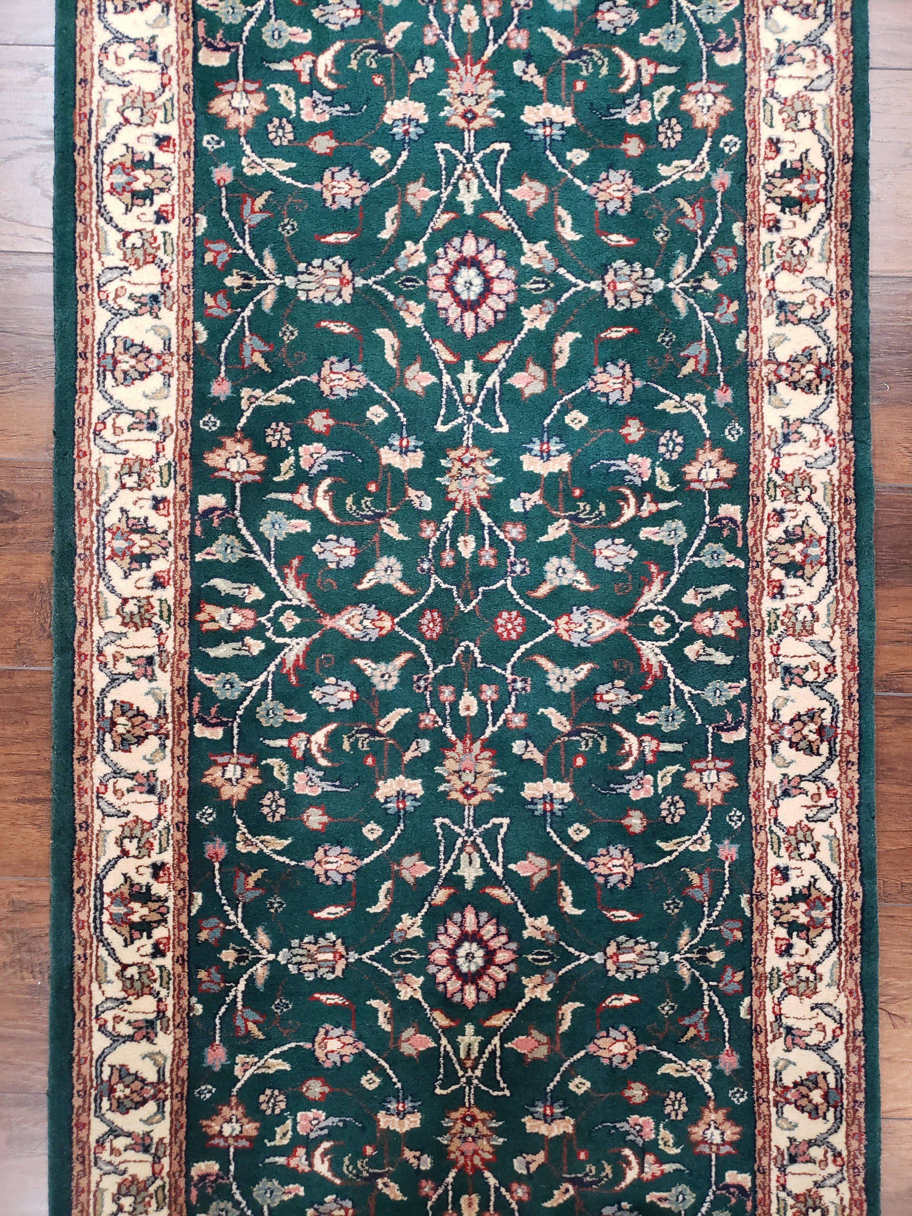 Extra Long Runner Rug 24 ft, Skinny & Long Rug for Hallway Corridor 2.6 x 24 Indo Persian Vintage Wool Rug Green and Cream Handmade Oriental - Jewel Rugs